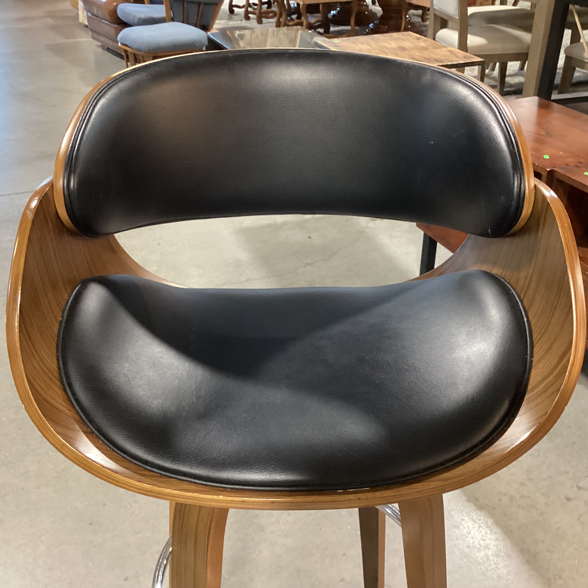 Mid Century Style Pressed Wood & Faux Black Leather Swivel Barstool 30"