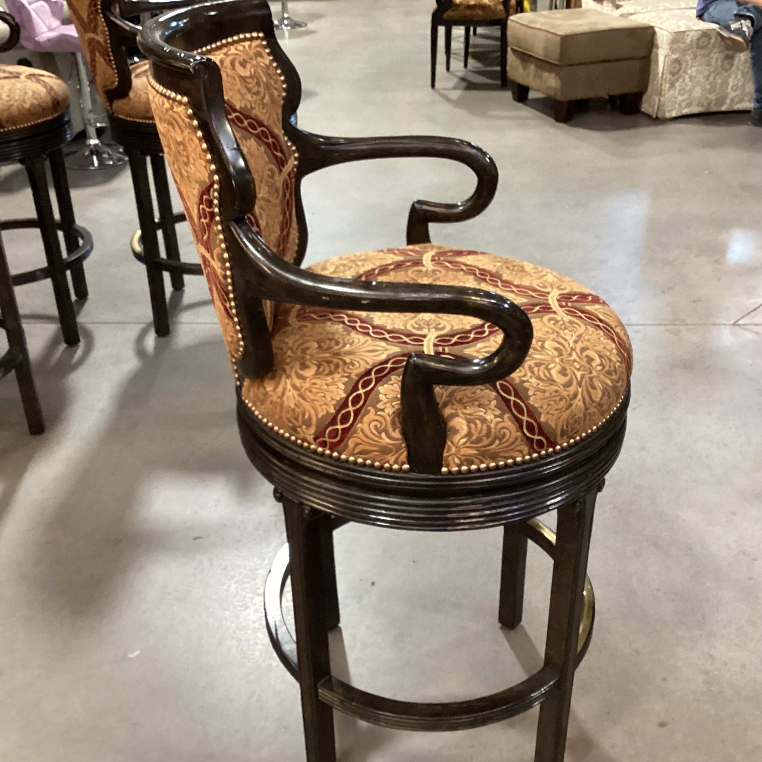 Ferguson Copeland Dark Distressed Carved Wood with Gold & Claret Upholstered Nailhead Swivel Barstool 31"