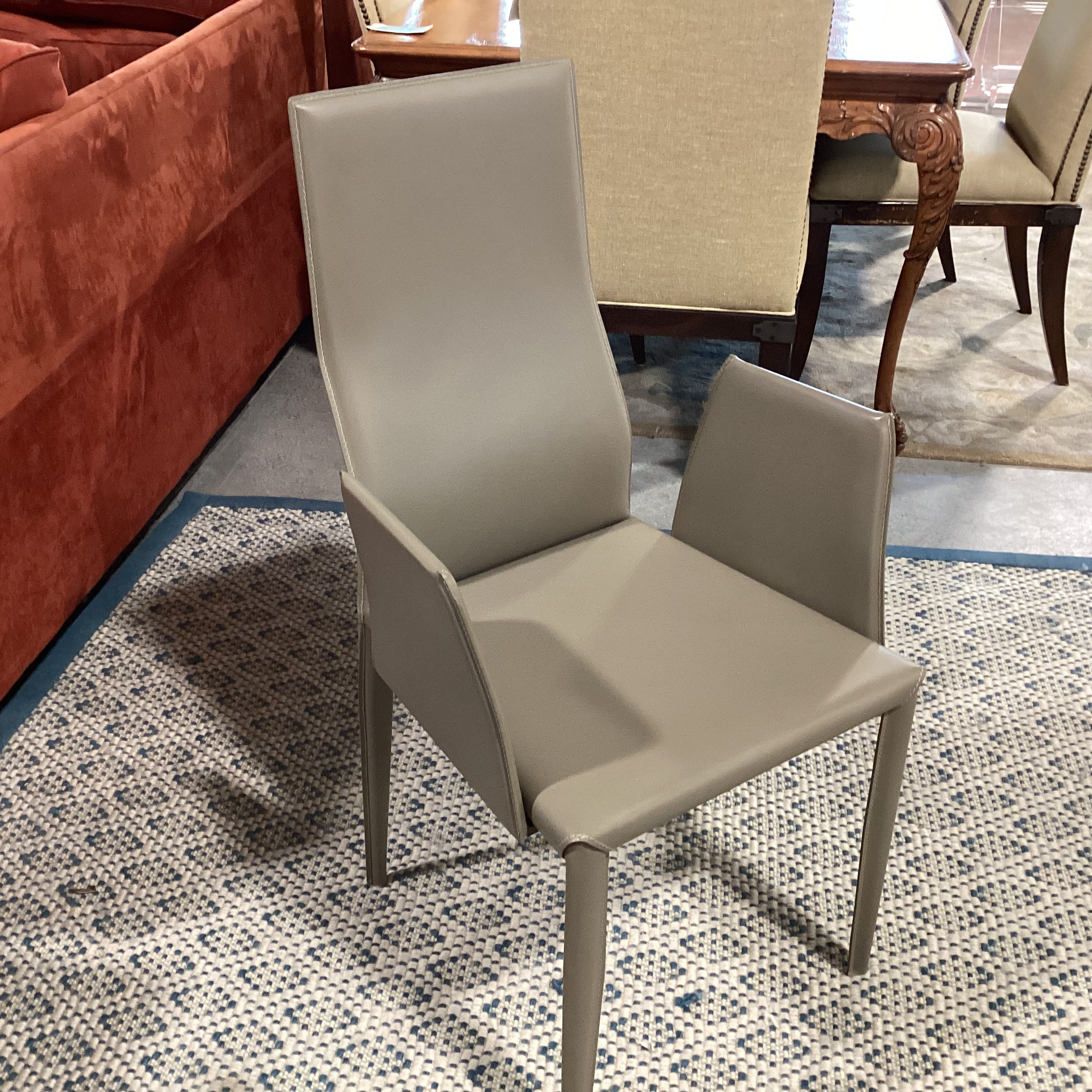 Modern Simulated Wood Grain Finish & Glass Table with 6 Taupe Regenerated Leather Wrapped Chair Dining Set 71"x 39"x 30"