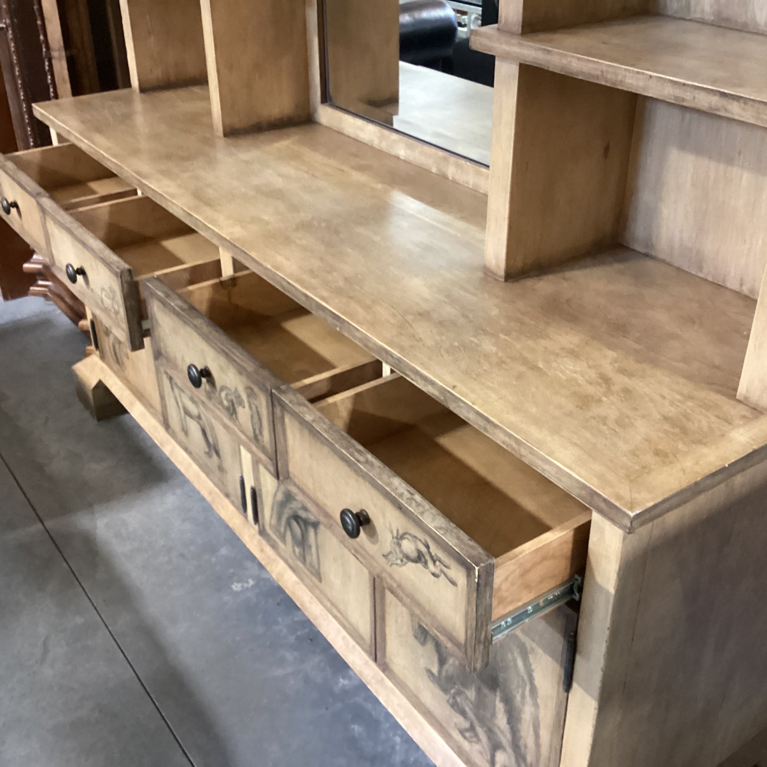Custom Cabinetry Antiqued Wash with Forest Animals 2 Piece with Hutch Credenza 72"x 21"x 96"