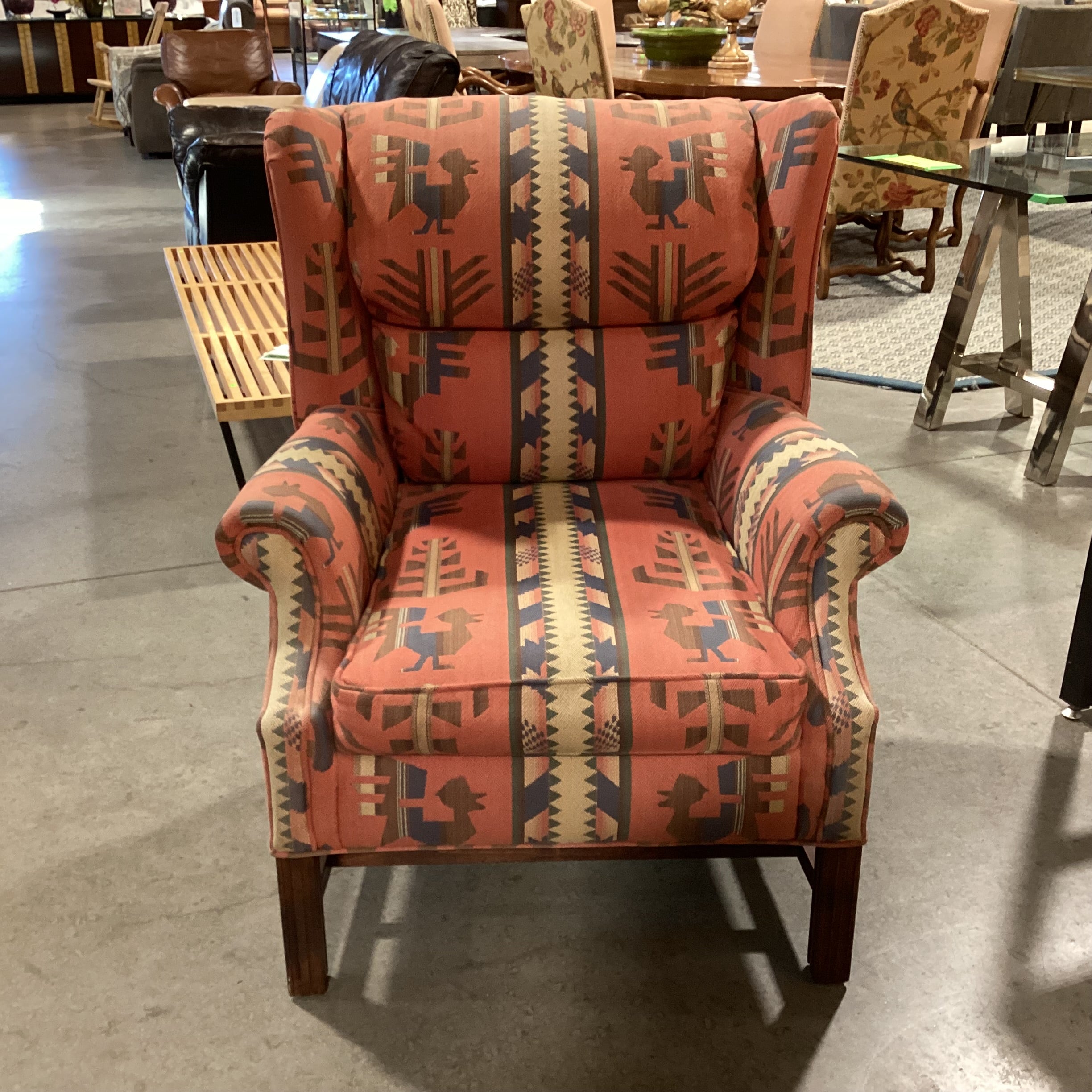 Red & Blue Southwest Woven & Wood Base Wing Chair 34"x 36"x 41"