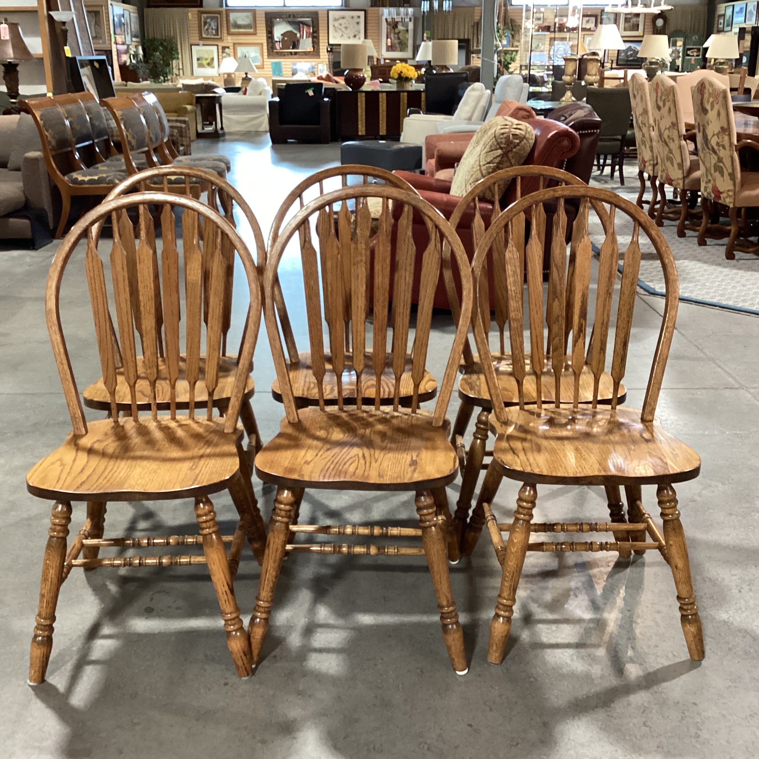 SET of 6 Solid Oak Arched Slat Back Dining Chairs 18"x 18"x 38"