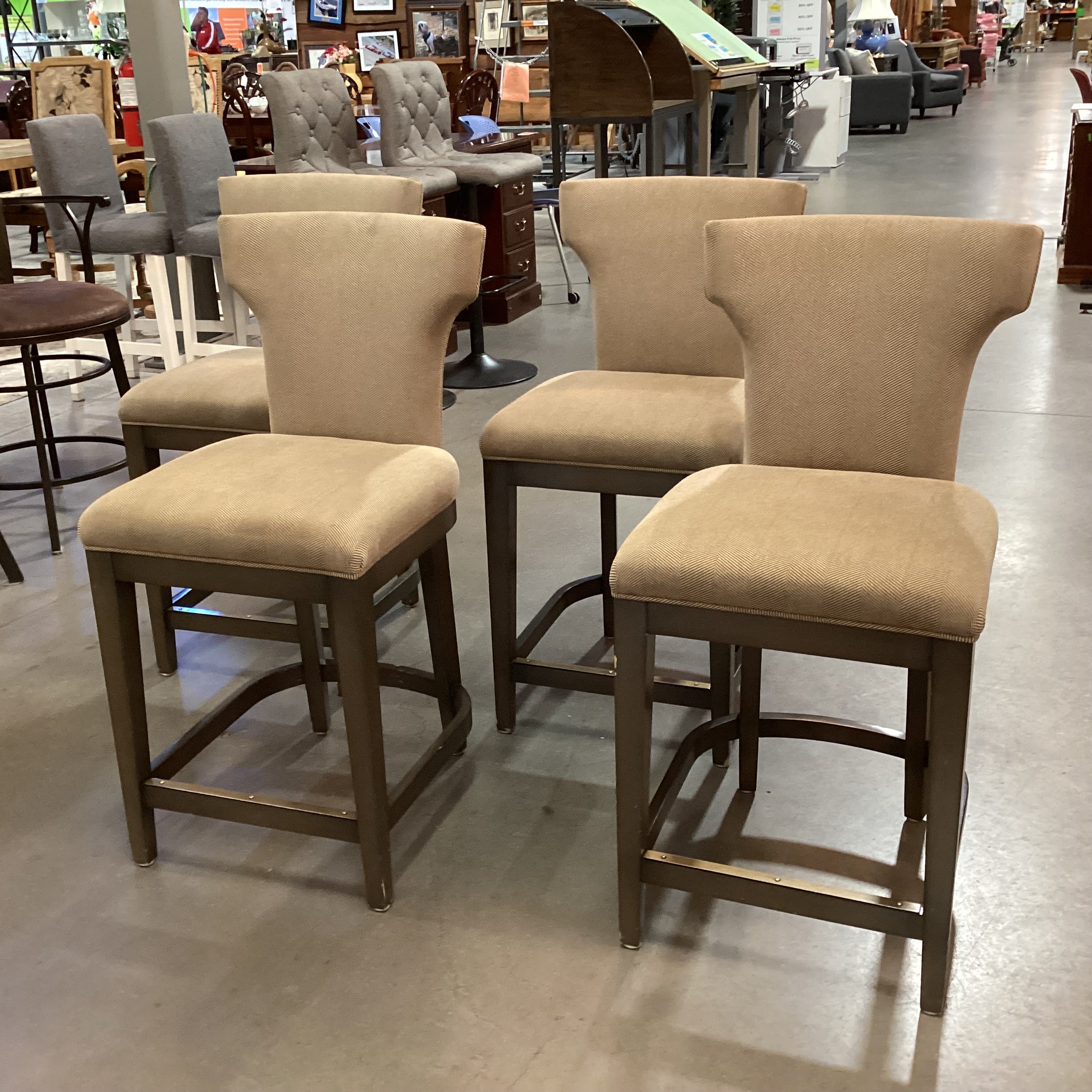 SET of 4 Green Grey Finish & Cream Tan Woven Wing Back Counter Height Barstools 24"