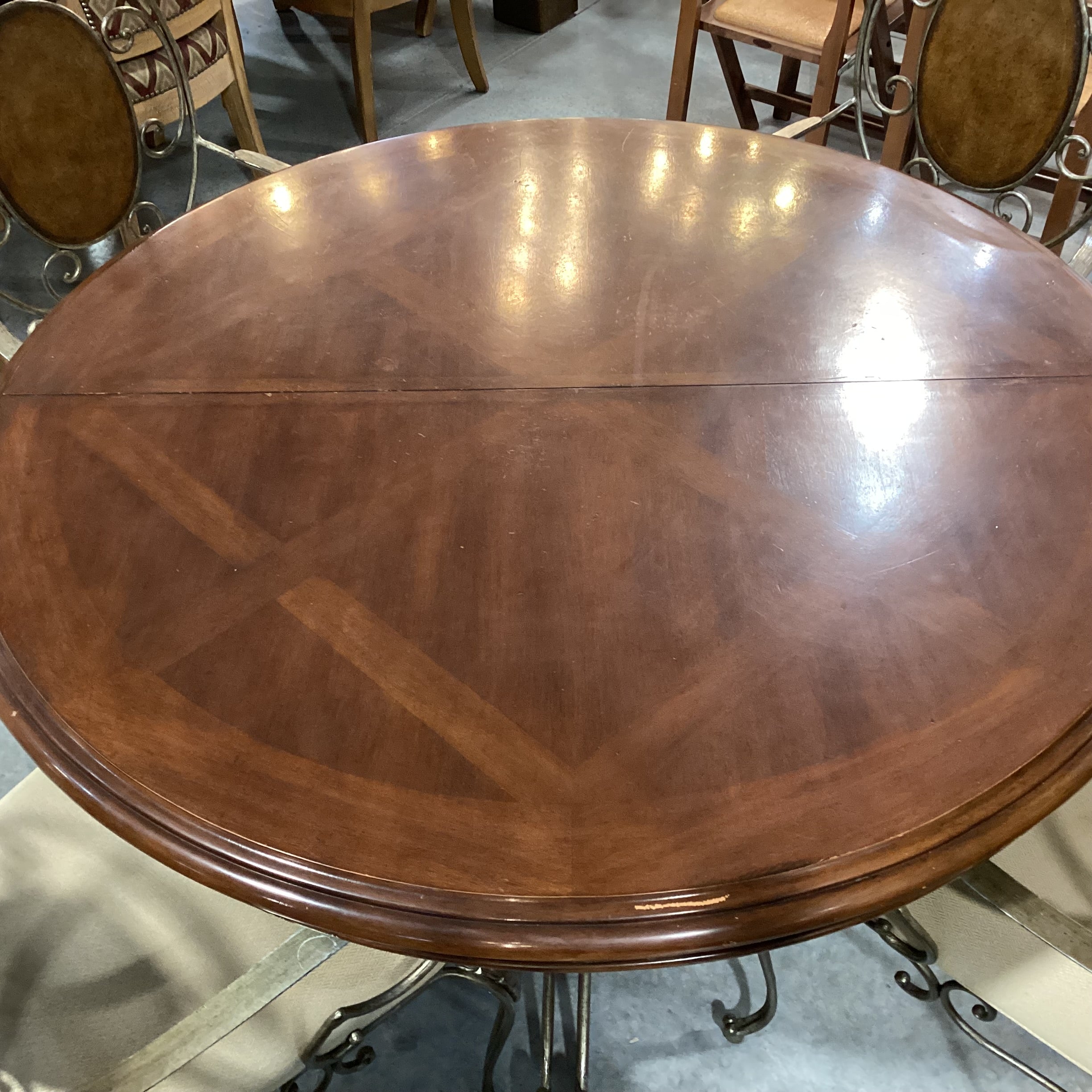 Round Finished Wood & Iron Table with 4 Chairs Dining Set 48" Diameter x 30"