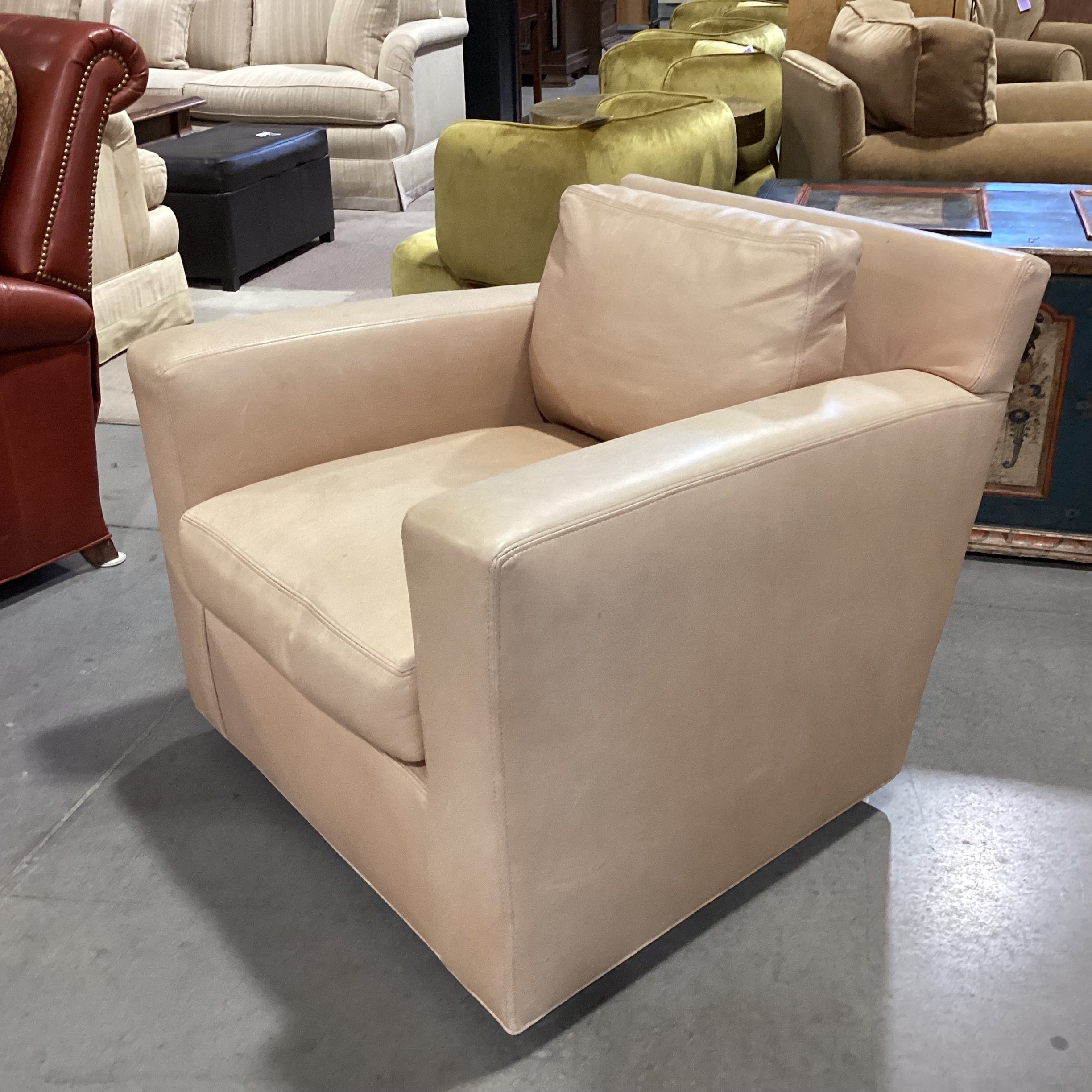 Lee Industries Beige Tan Leather Down Mix Swivel Chair 34"x 35"x 30"