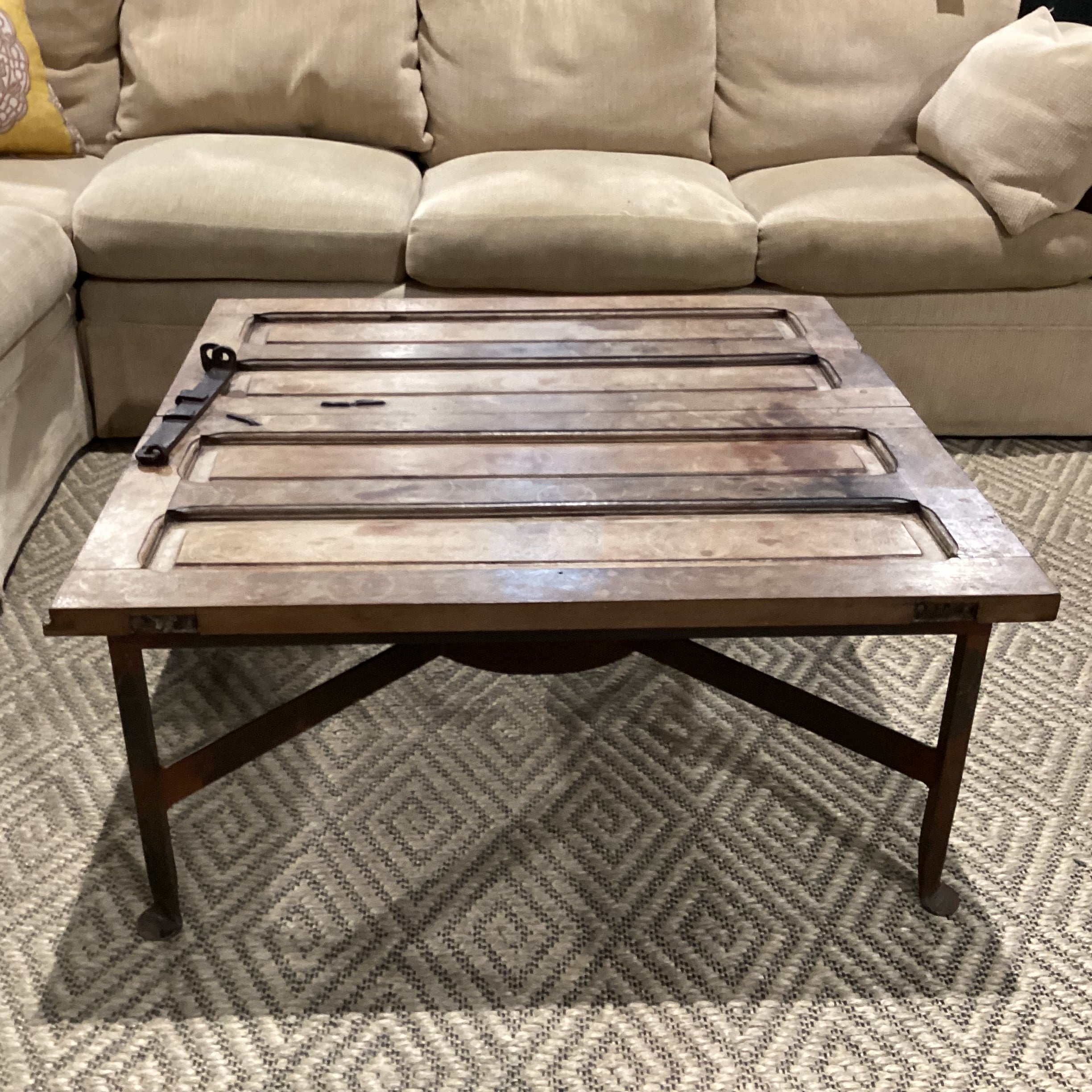 Iron & Reclaimed Wood Door with Iron Latch Coffee Table 40"x 40"x 18"