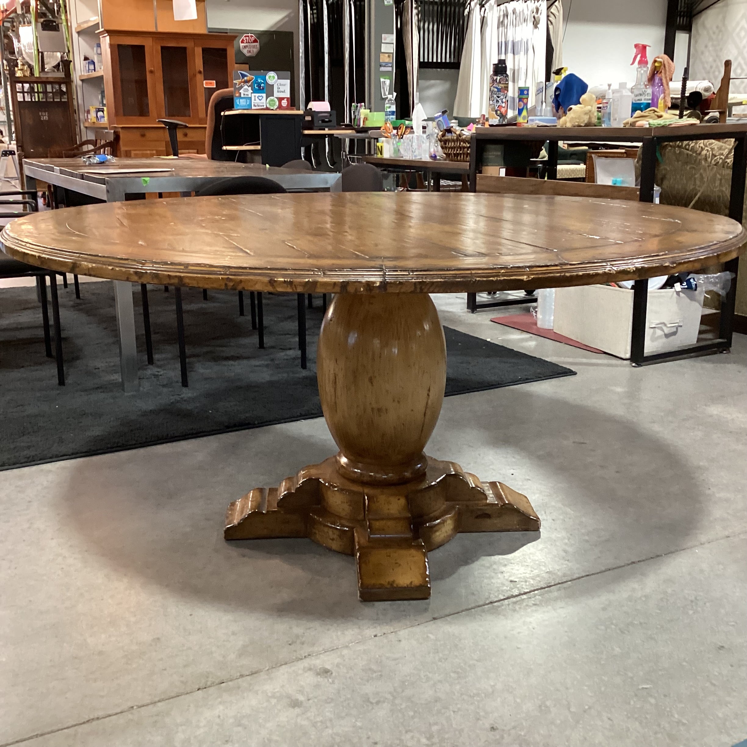 Light Distressed Wood with Pedestal Round Dining Table 62" Diameter x 29.5"