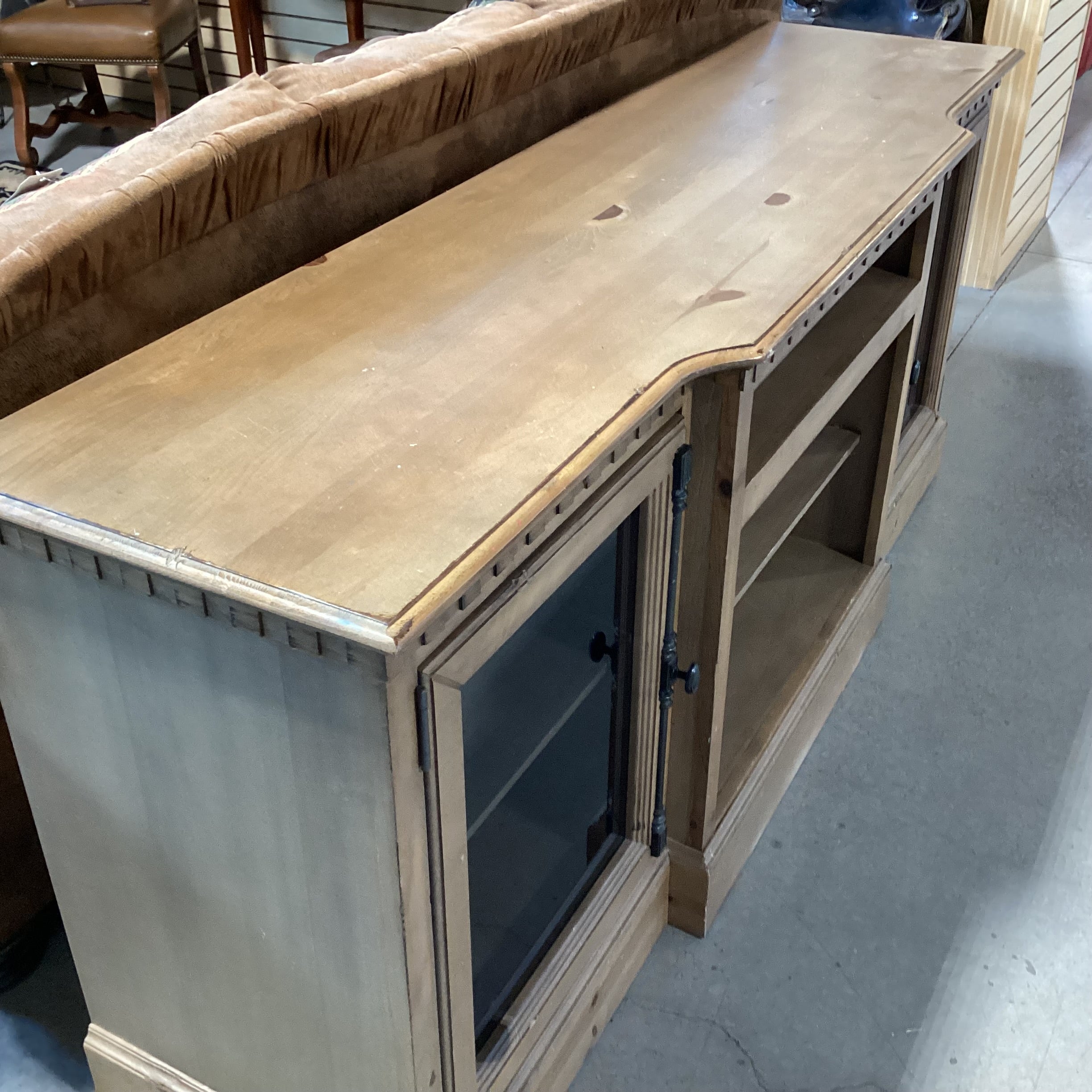 Light Greige Distressed Pine 2 Glass Door with Shelves Console Credenza 74"x 20"x 32.5"
