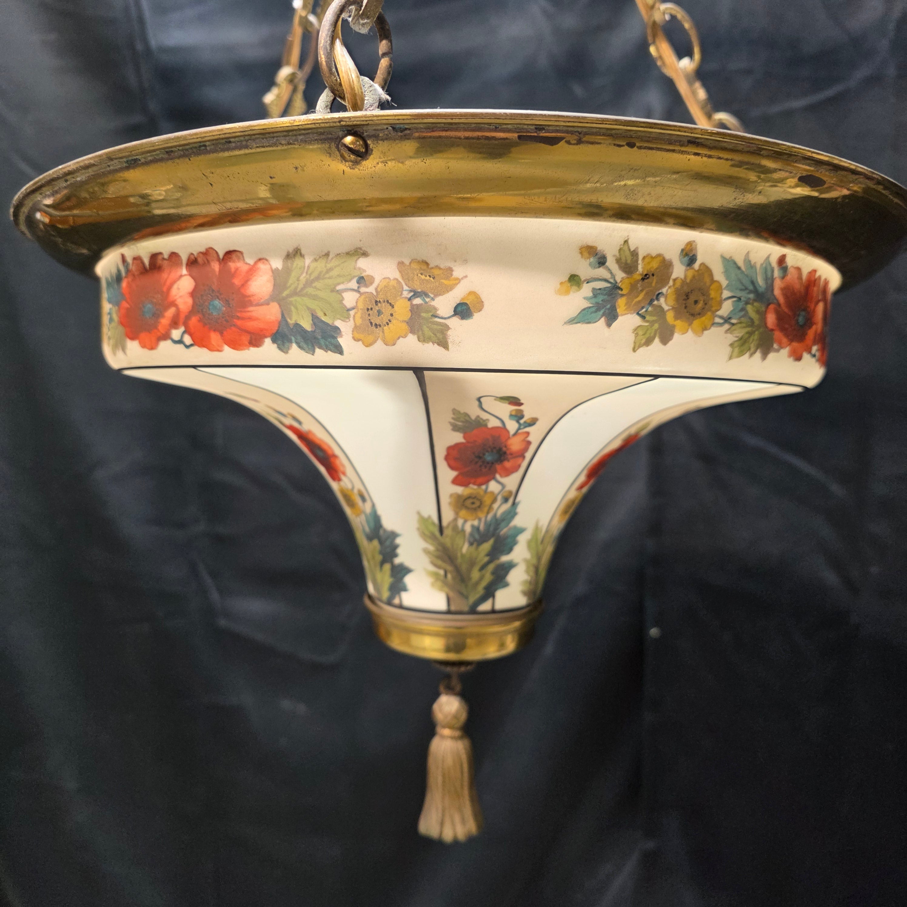 Circa 1940's Floral Chendelier with Brass TAssle Droppings from Middle and Ceiling Attachment 16"Dx26"