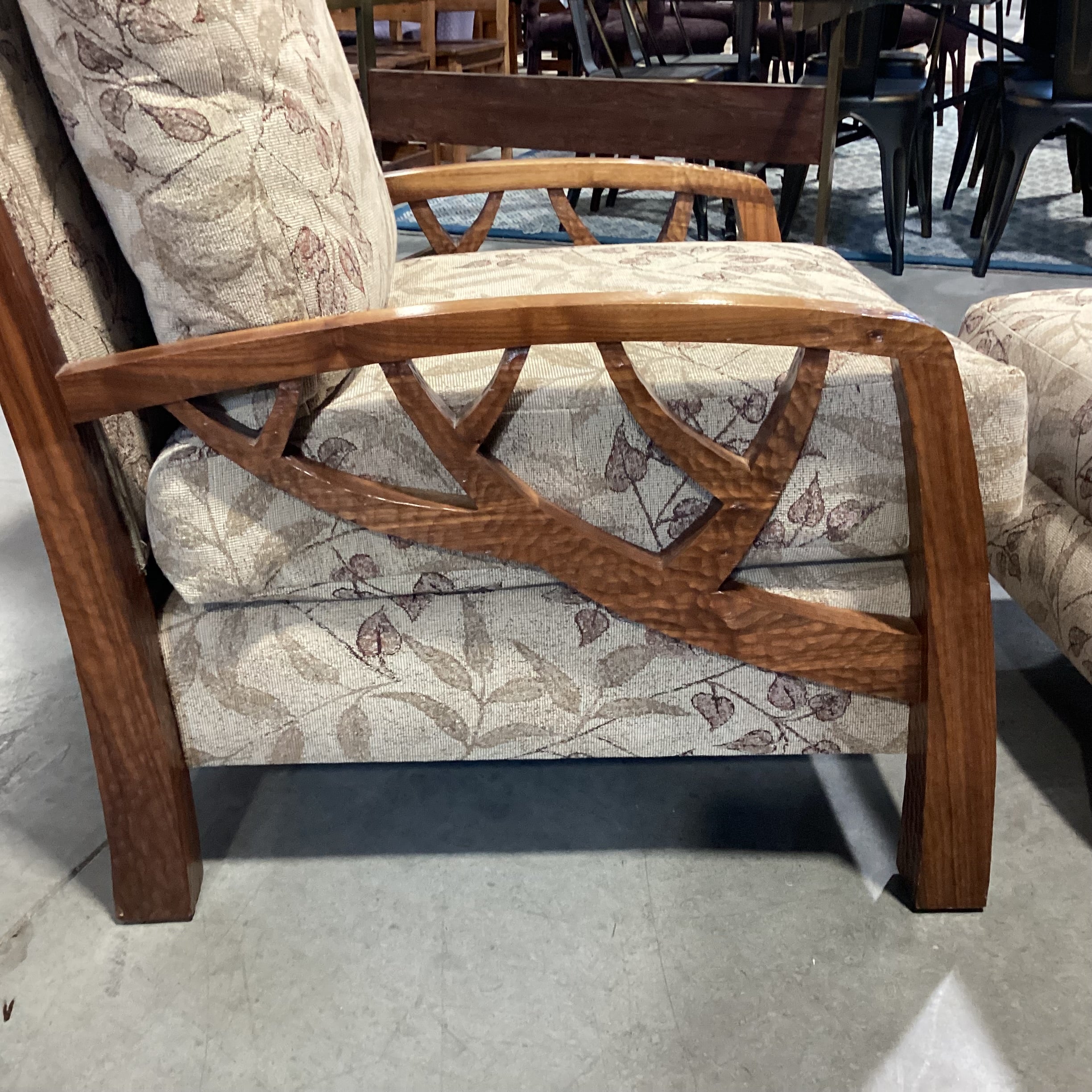 Arts & Crafts Style Carved Wood Divet & Branch Detail Brown & Tan Leaf Upholstered with Ottoman Chair 27"x 38"x 36"