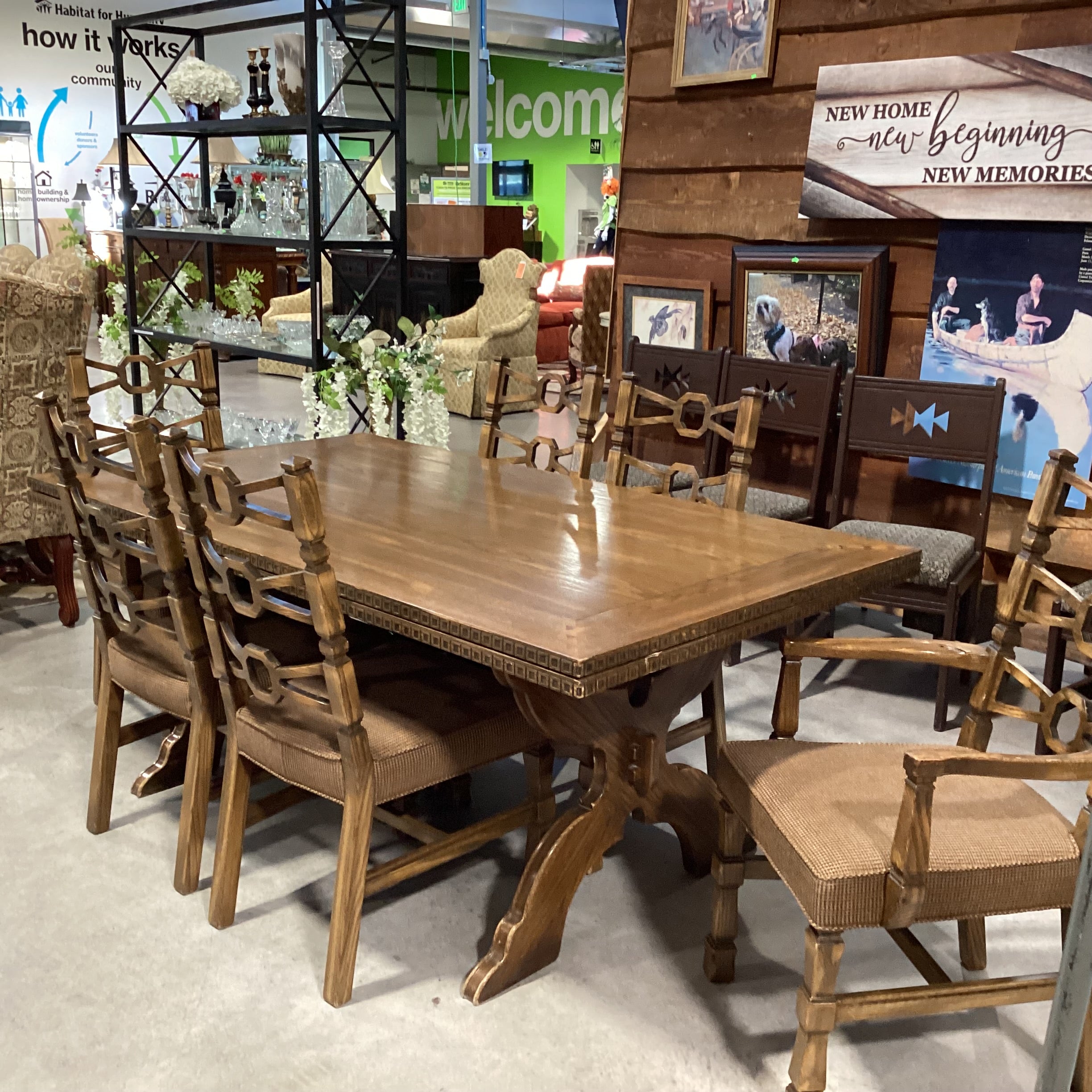 Vintage Antique Carved Oak with Trestle Table & 6 Chairs Dining Set 72"x 40"x 30"
