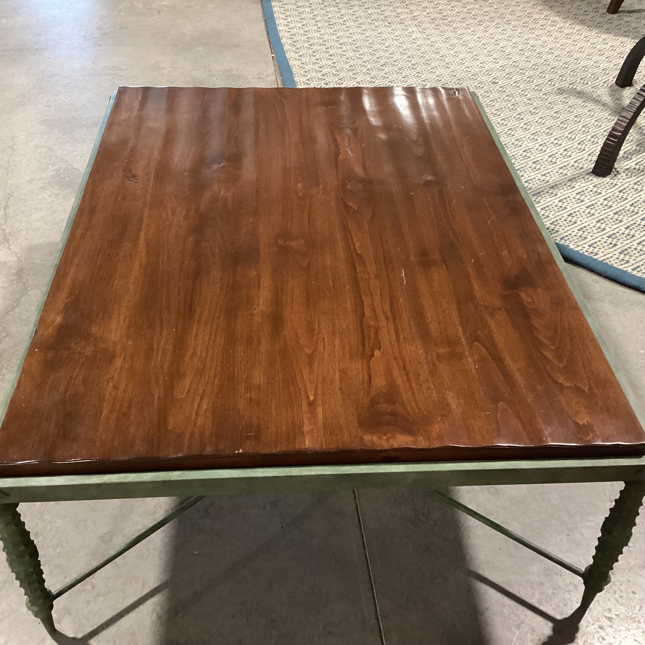 Solid Distressed Finished Plank Top & Verdigris Iron Base Coffee Table 54"x 40"x 18"