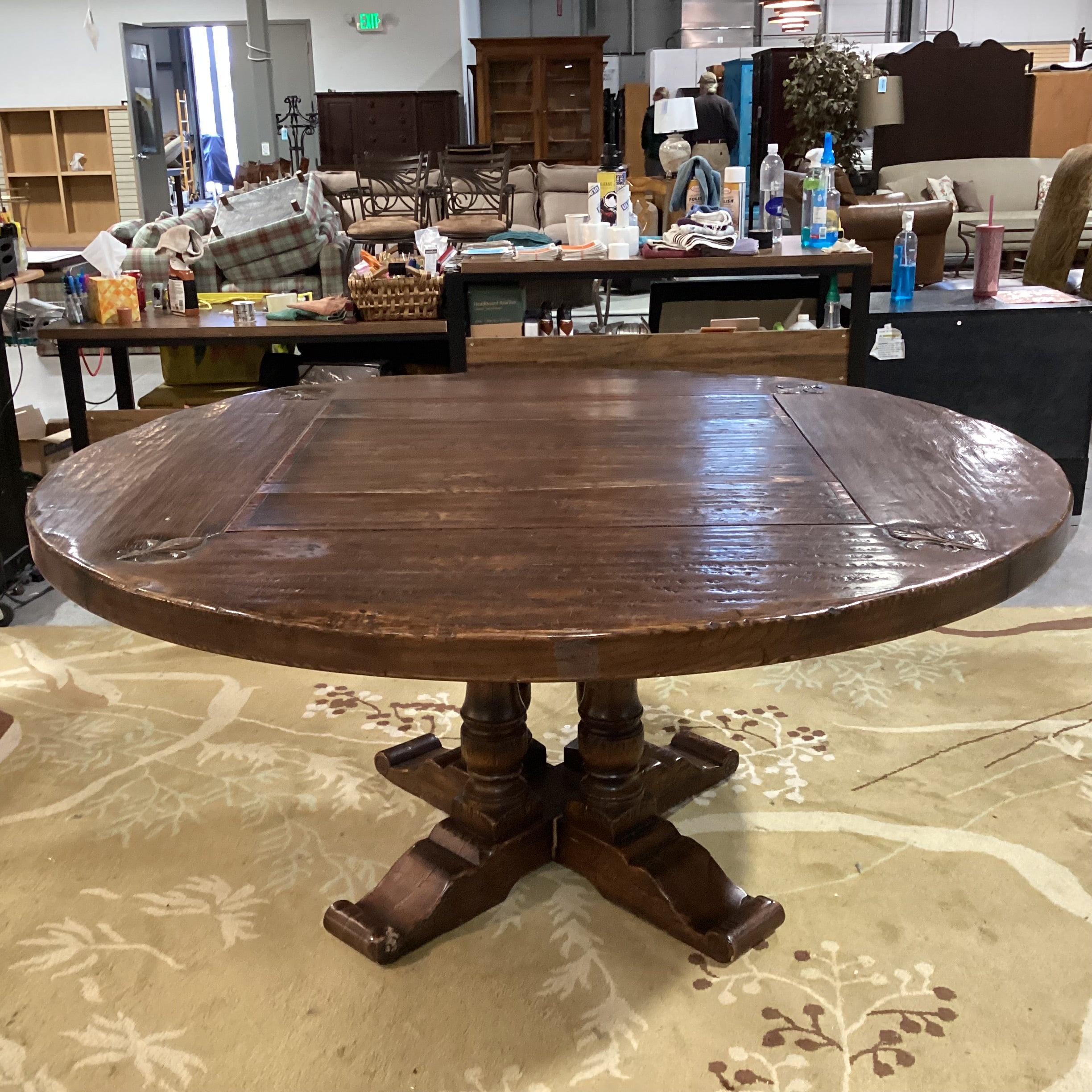 Distressed Solid Wood Finish with Carved Fleur De Lis  Detail Round Dining Table 66" Diameter x 30.5"