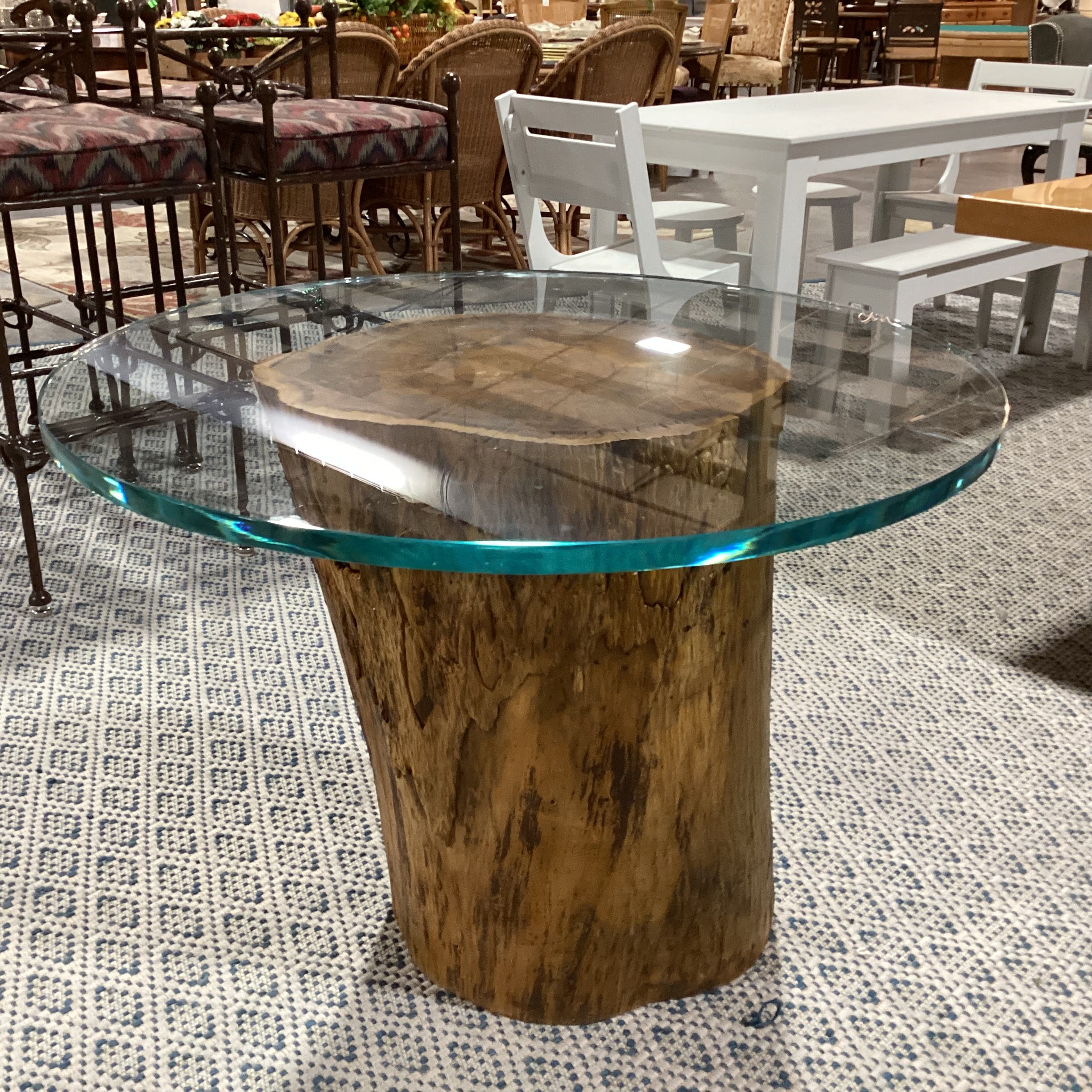 Solid Log Stump with Round Thick Glass Dining Table 38" Diameter x 29"