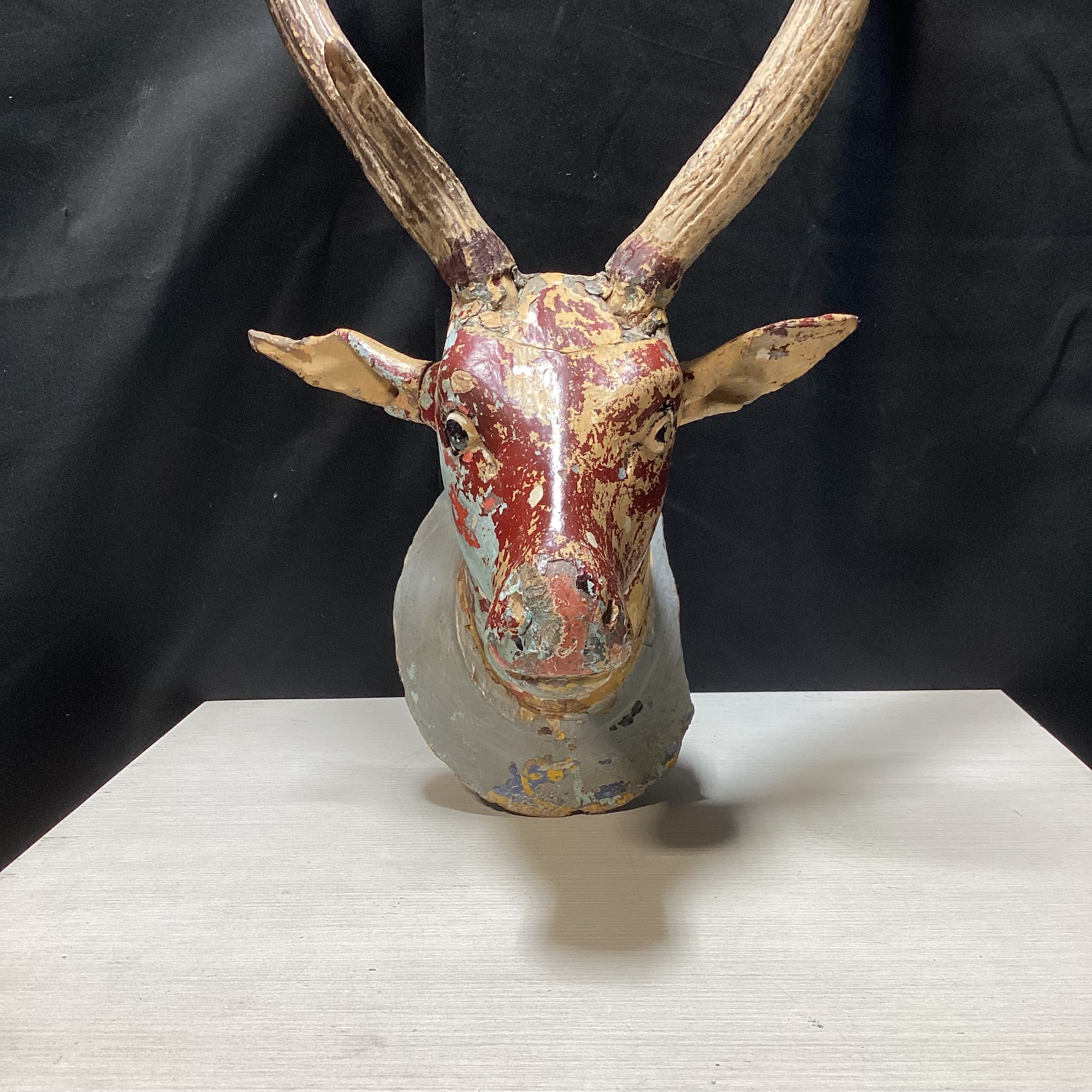 Antique - Vintage Carved Wood Deer Head With Real Antlers 14" x 28"