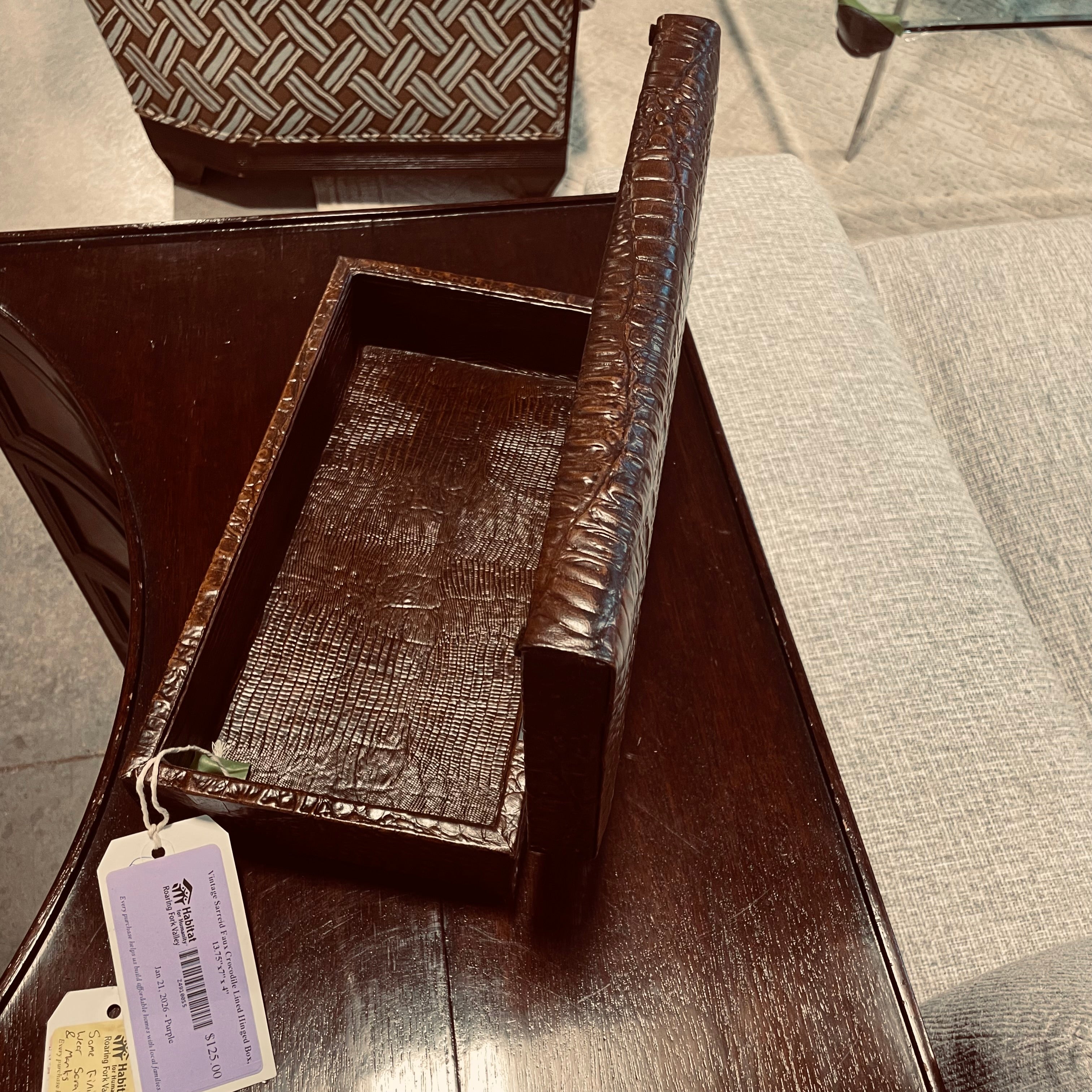 Vintage Sarreid Faux Crocodile Lined Hinged Box, 13.75"x7"x 4"