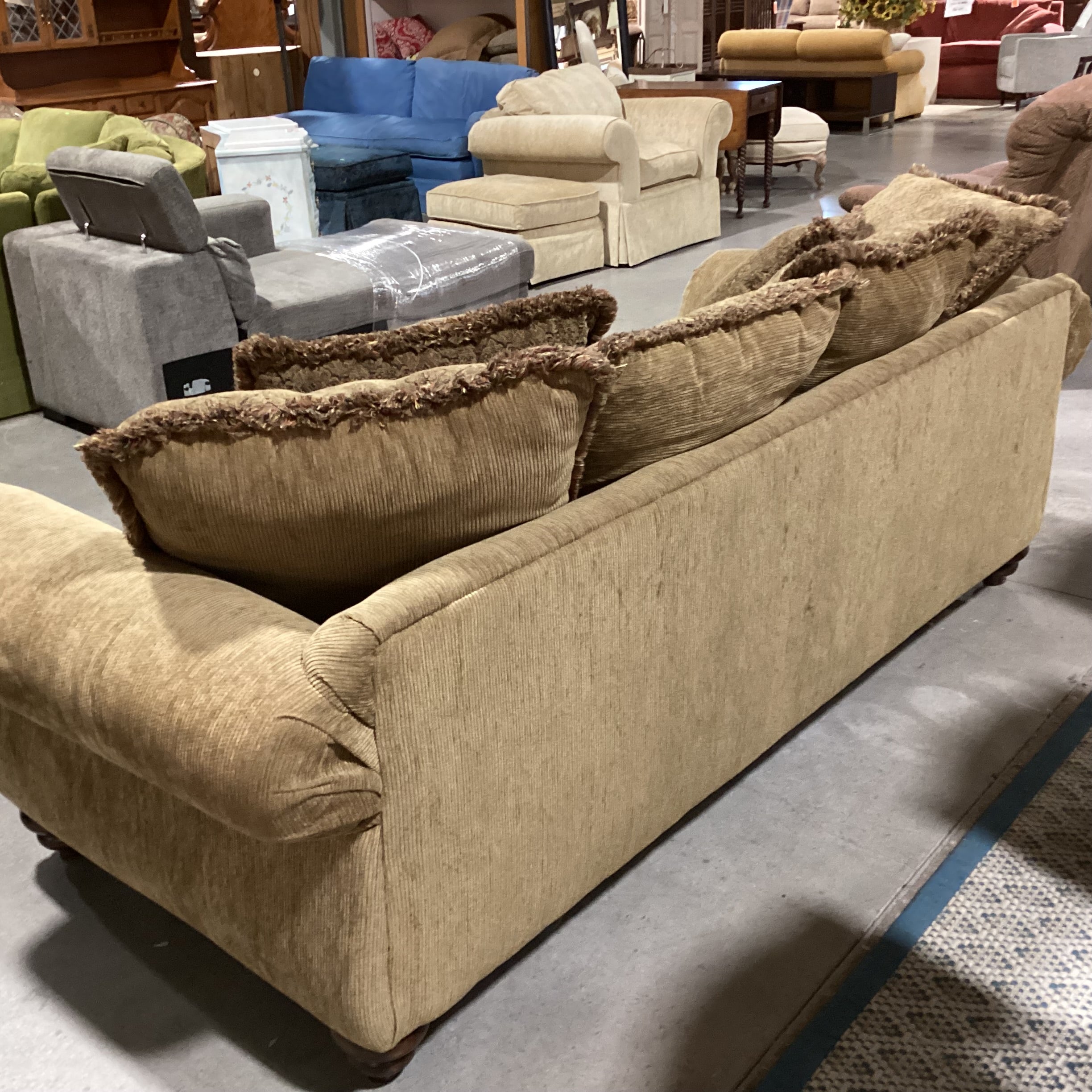 Olive Texture Ribbed & Nailhead with Reverse Multi Back Pillows Sofa 98"x 40"x 30"