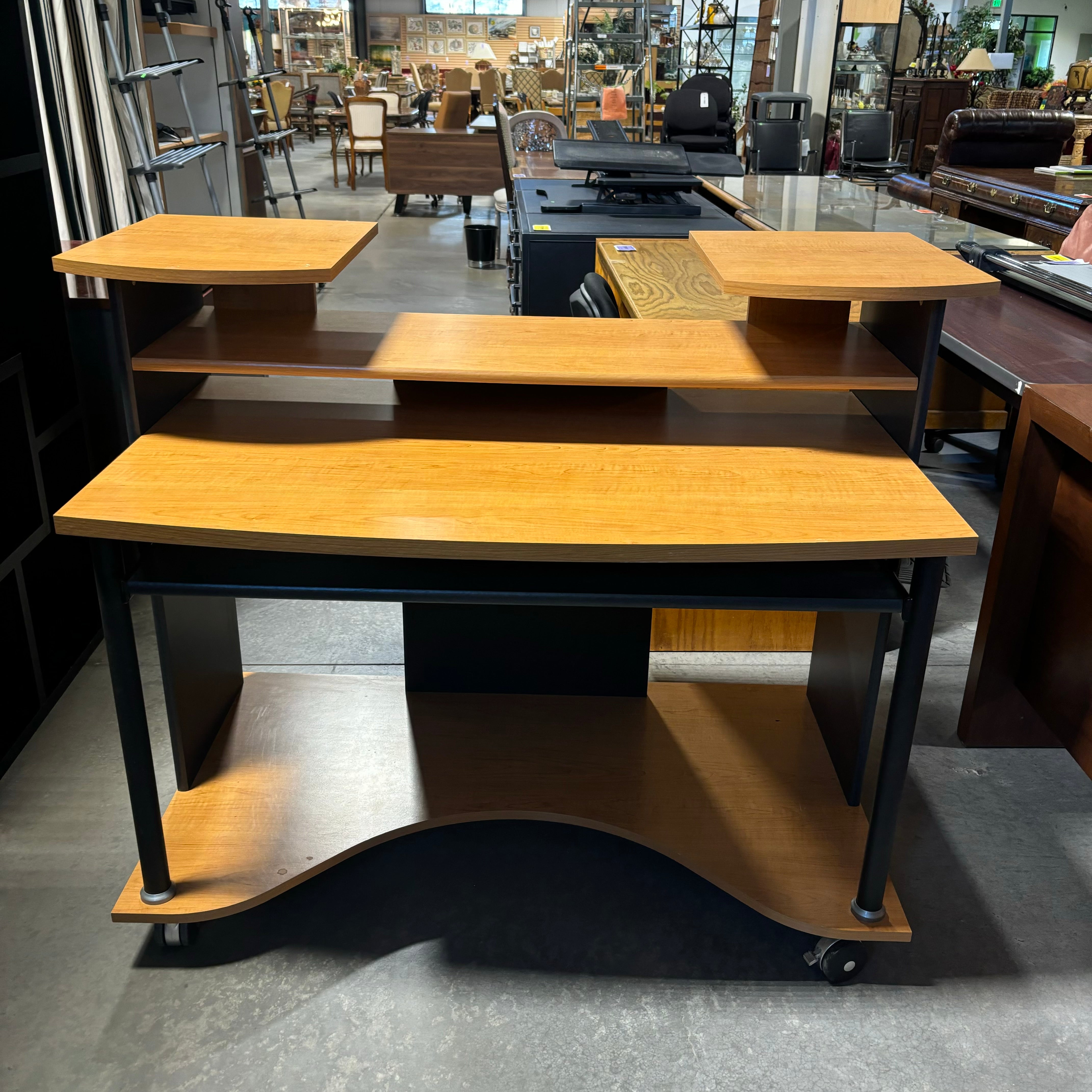 Light Wood Veneer Top with Black Metal & Wood Multi Surface On Casters Computer Desk 52"x 41"x 30.5"