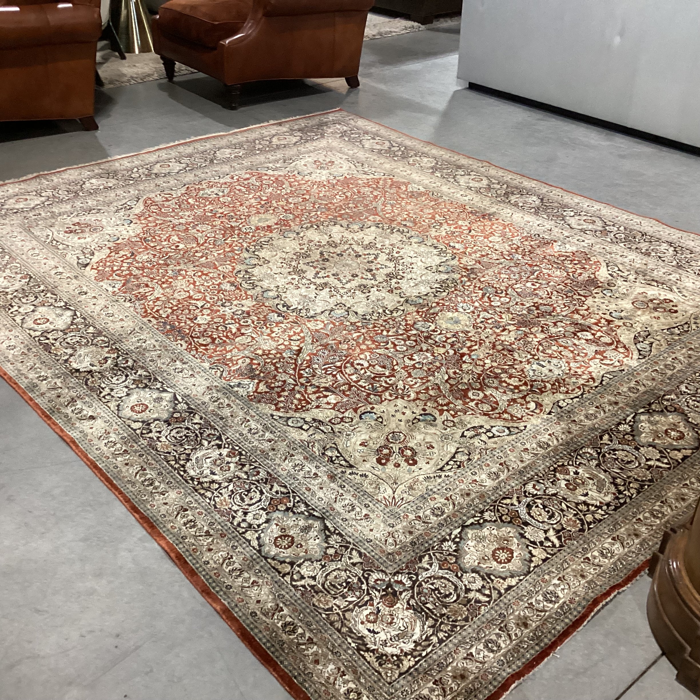 Persian Cream Rust Red Black & Blue Hand Woven Silk Rug 8'1"x 10'1"