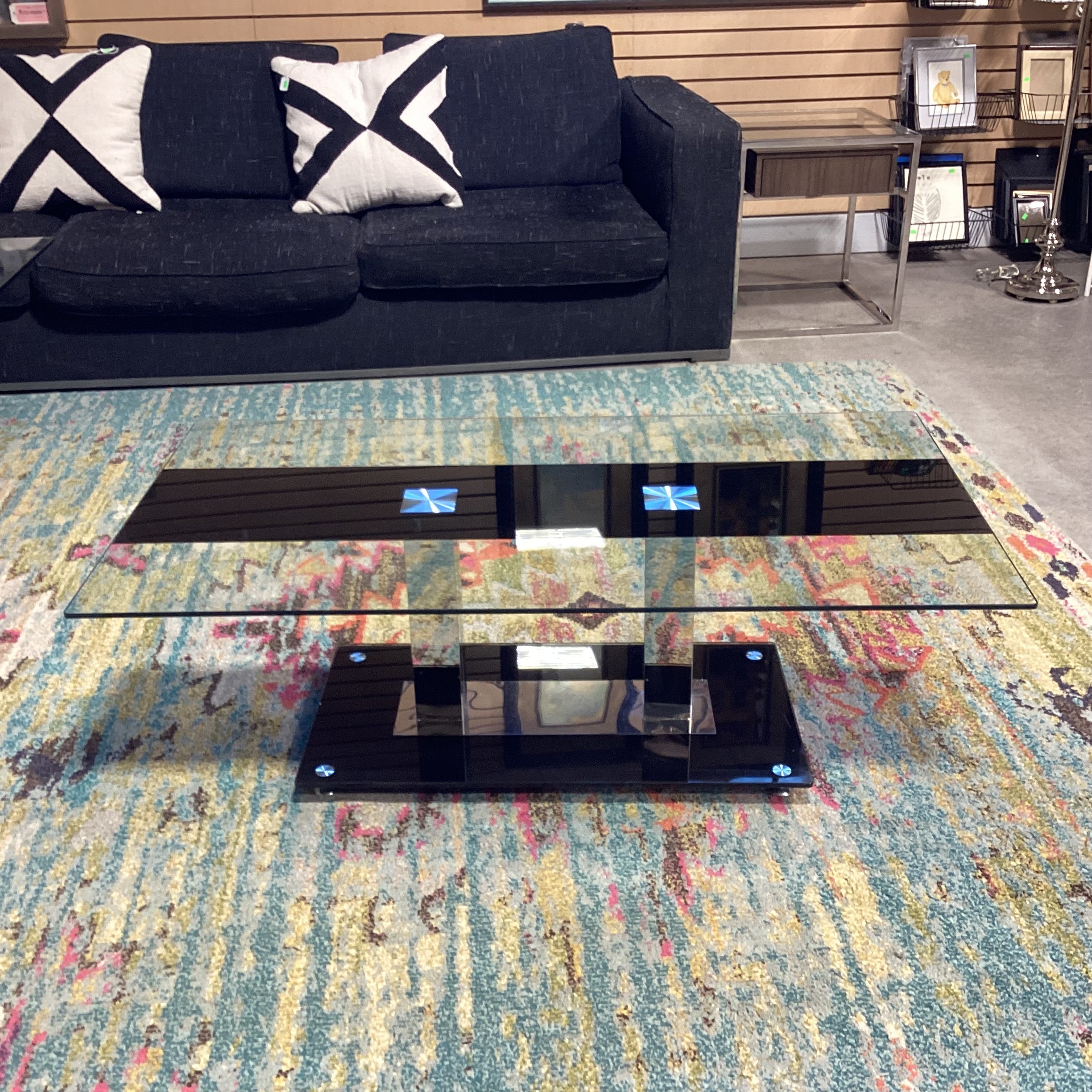 Clear Glass with Black Stripe & Chrome Coffee Table 47"x 25.5"x 16"