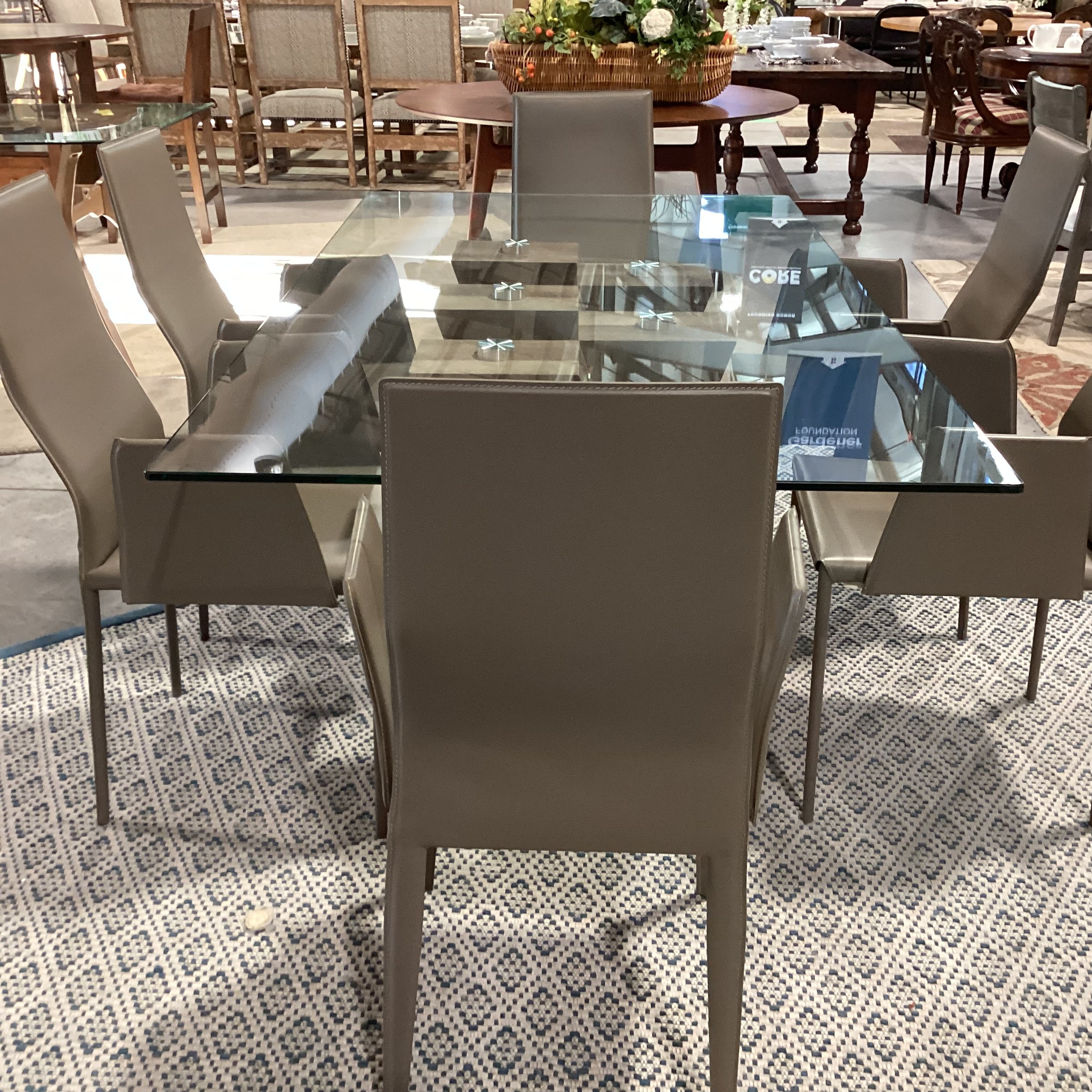 Modern Simulated Wood Grain Finish & Glass Table with 6 Taupe Regenerated Leather Wrapped Chair Dining Set 71"x 39"x 30"