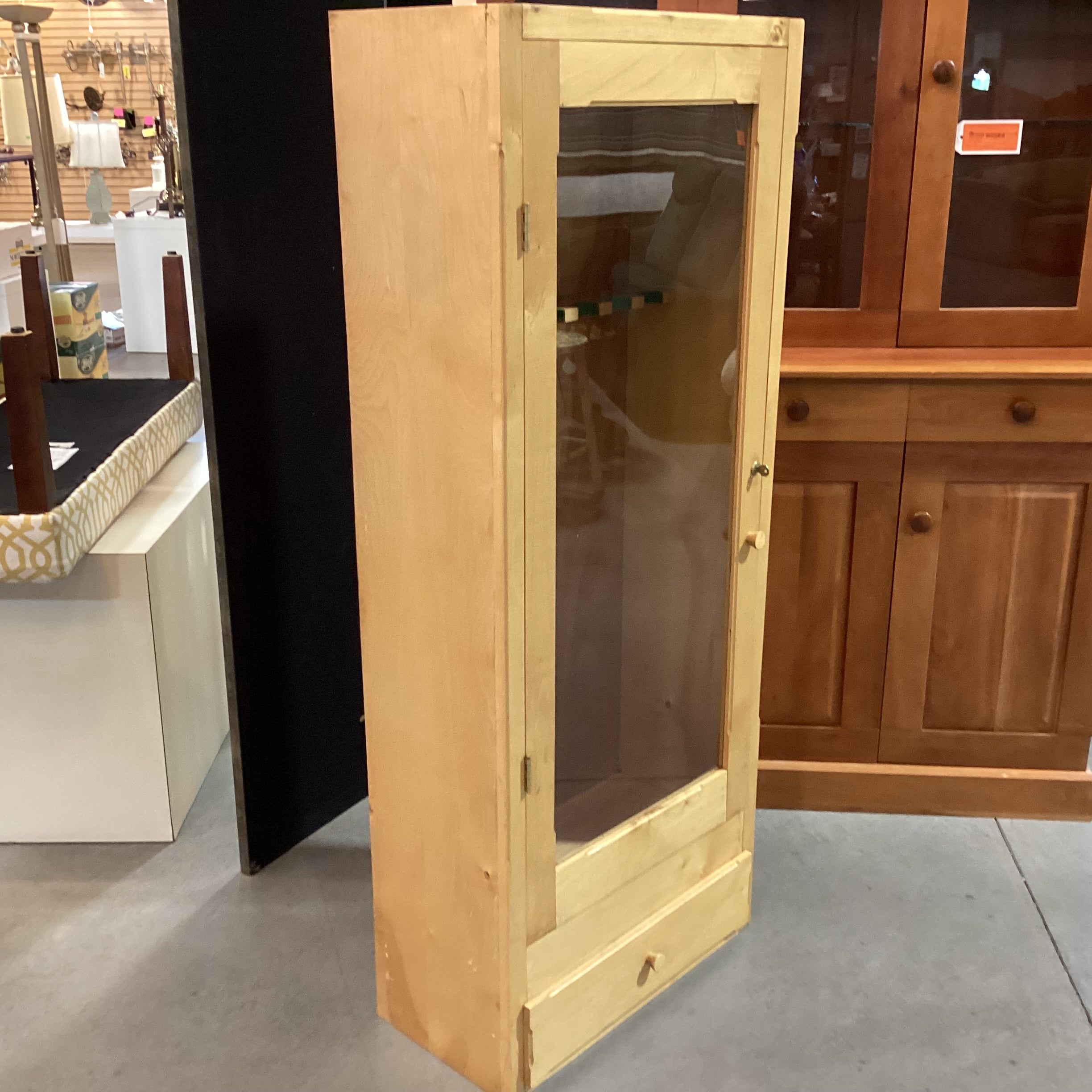 Natural Wood & Glass Door with Key Bottom Drawer Gun Cabinet Armoire 24"x 13"x 60"