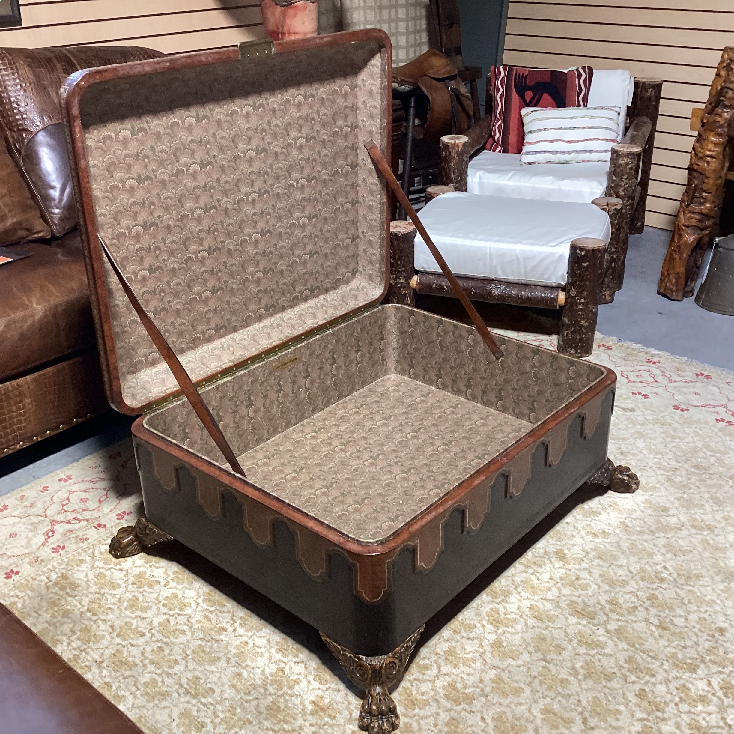 Maitland Smith Leather with Gold Stamping & Carved Clawfoot Trunk 44"x 35"x 18"