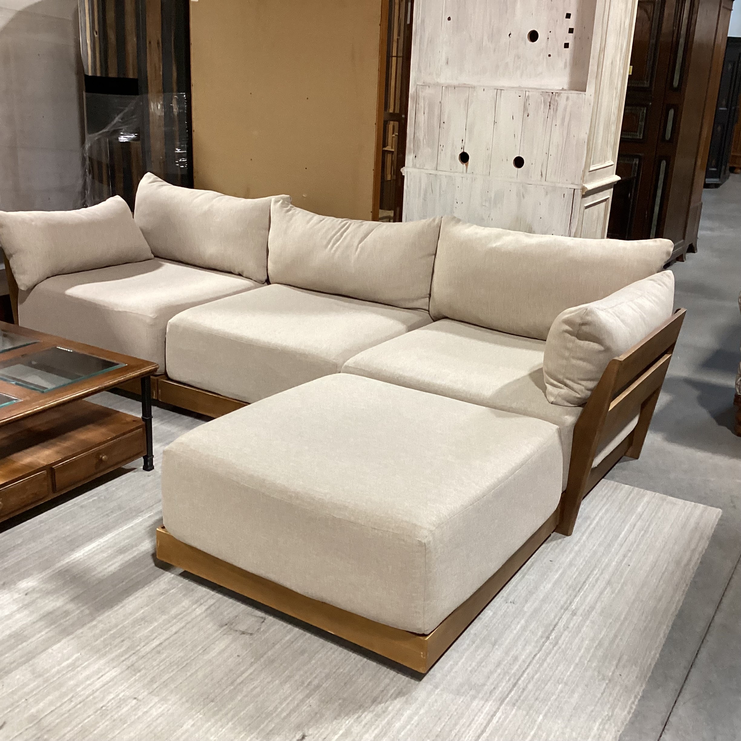 Bondi Mid Century Style Wood Base & Beige Cushions 4 Piece Modular Sectional 118"x 80"x 42"x 26"