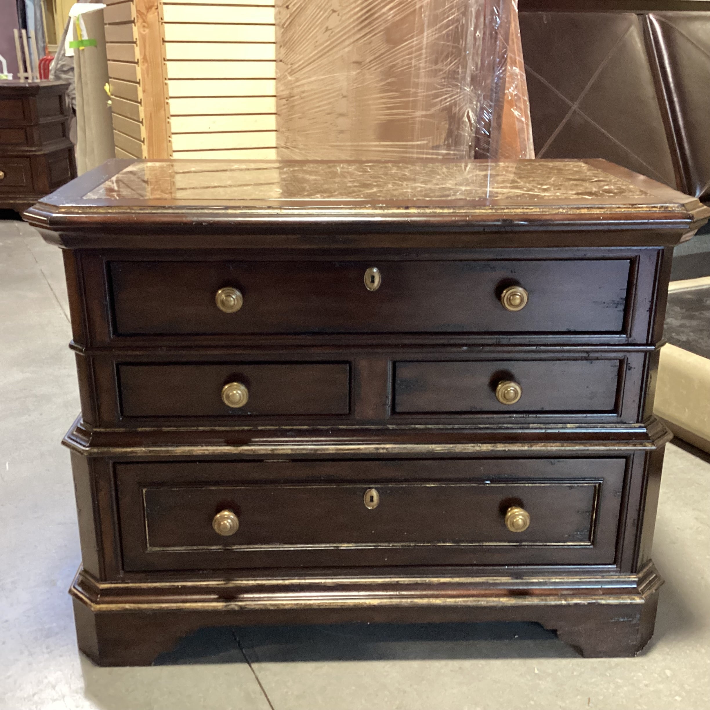 Marge Carson Antiqued Black with Gold Detail Solid Wood Marble Inset 4 Drawer with Brass Chest 46"x 24"x 35.5"