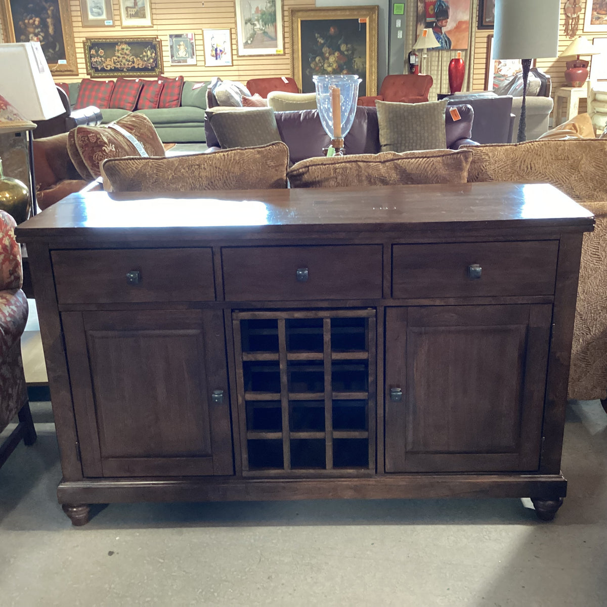 Dark Finish Wood 3 Drawer 2 Door with Shelves &amp; Center Wine Rack Bar B ...