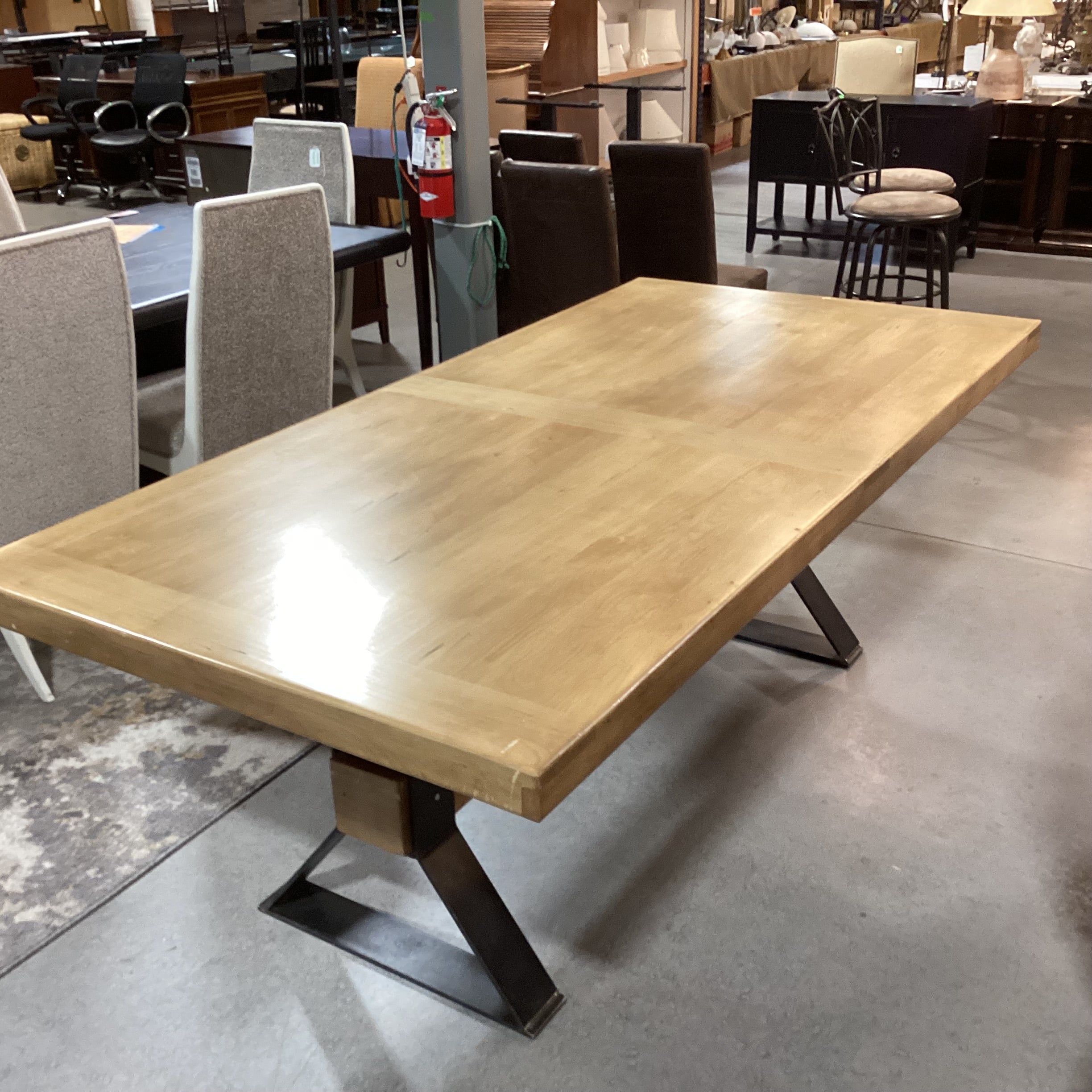 Mountain Modern Light Distressed Finish Wood & Steel with Beam Trestle Dining Table 84"x 42"x 31"