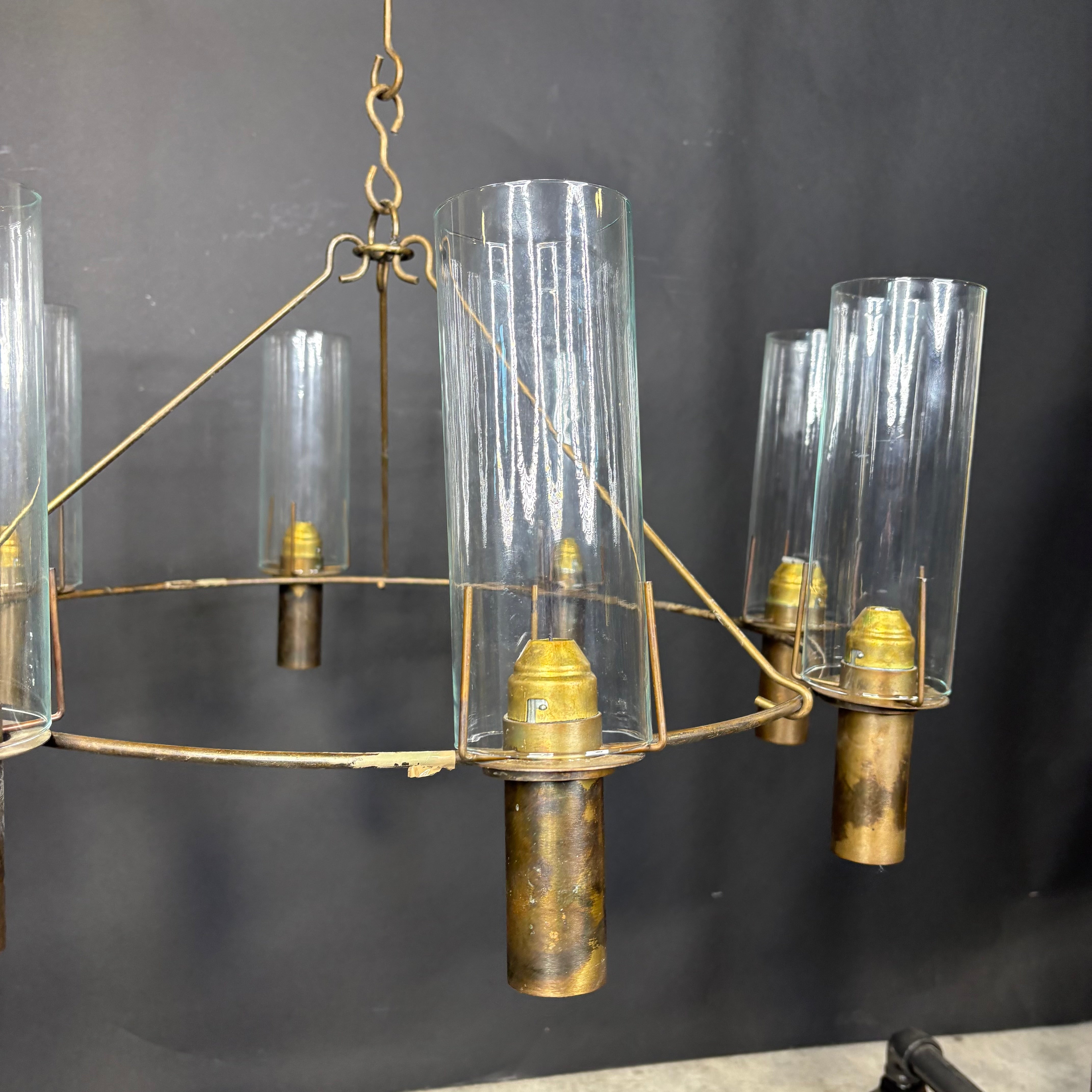 Rustic Industrial 8-Light Antiqued Brass and Glass Candle Chandelier 26” Diameter x 36”