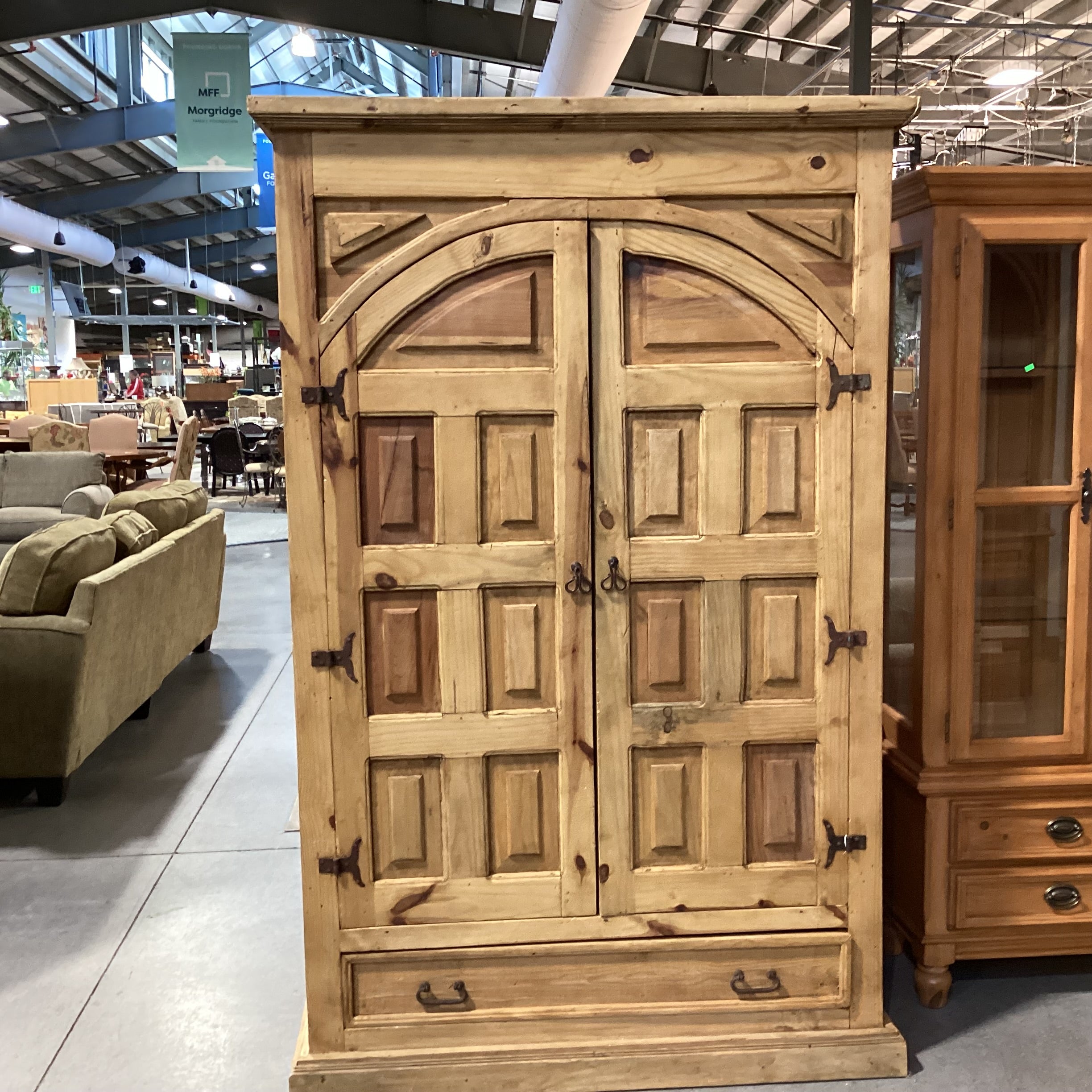 Rustic Carved Solid Natural Pine 2 Arched Door with Shelves & Bottom Drawer Armoire 52"x 26"x 80"
