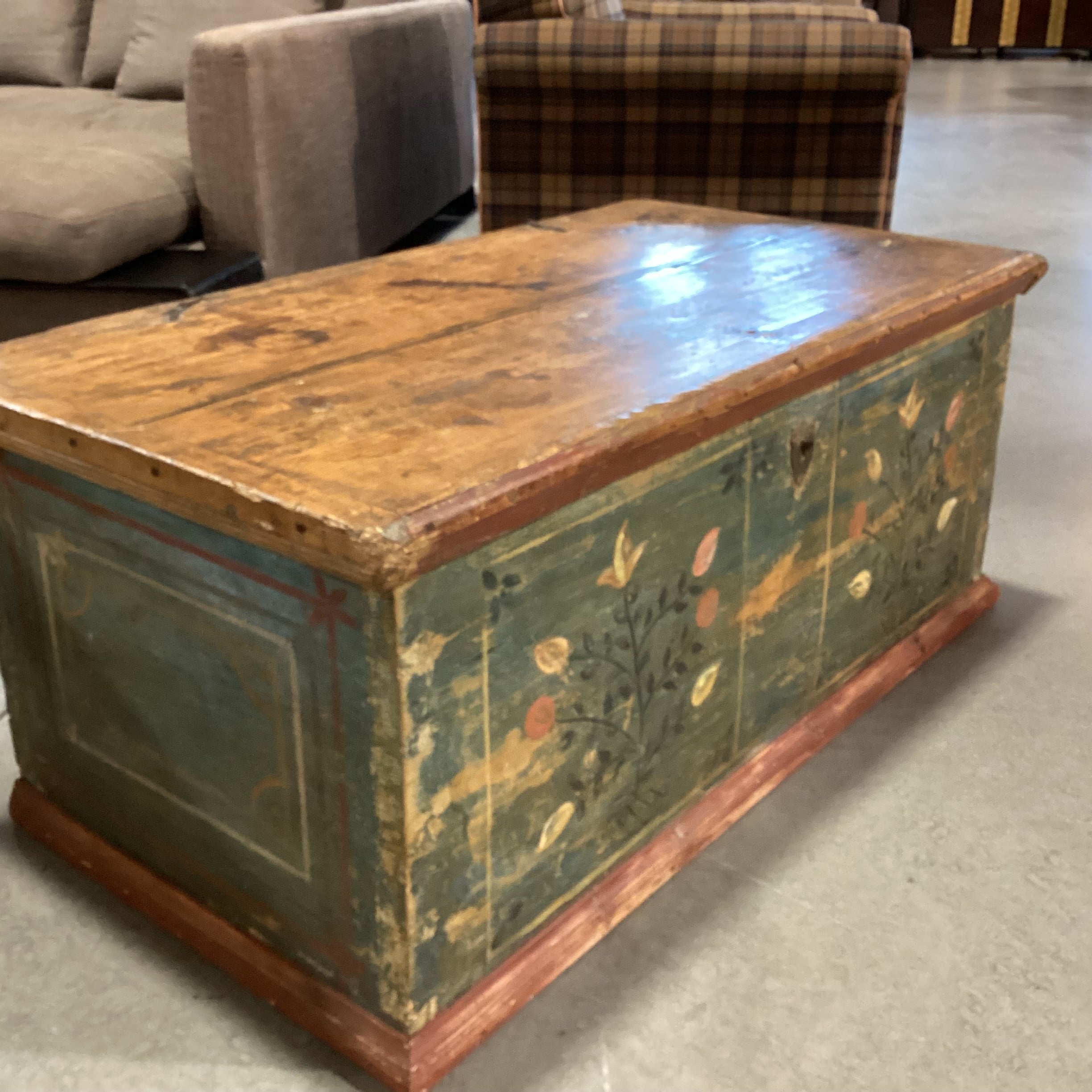 Antique Carved Wood with Hand Painted Floral Panel Trunk 42.5"x 23"x 18"