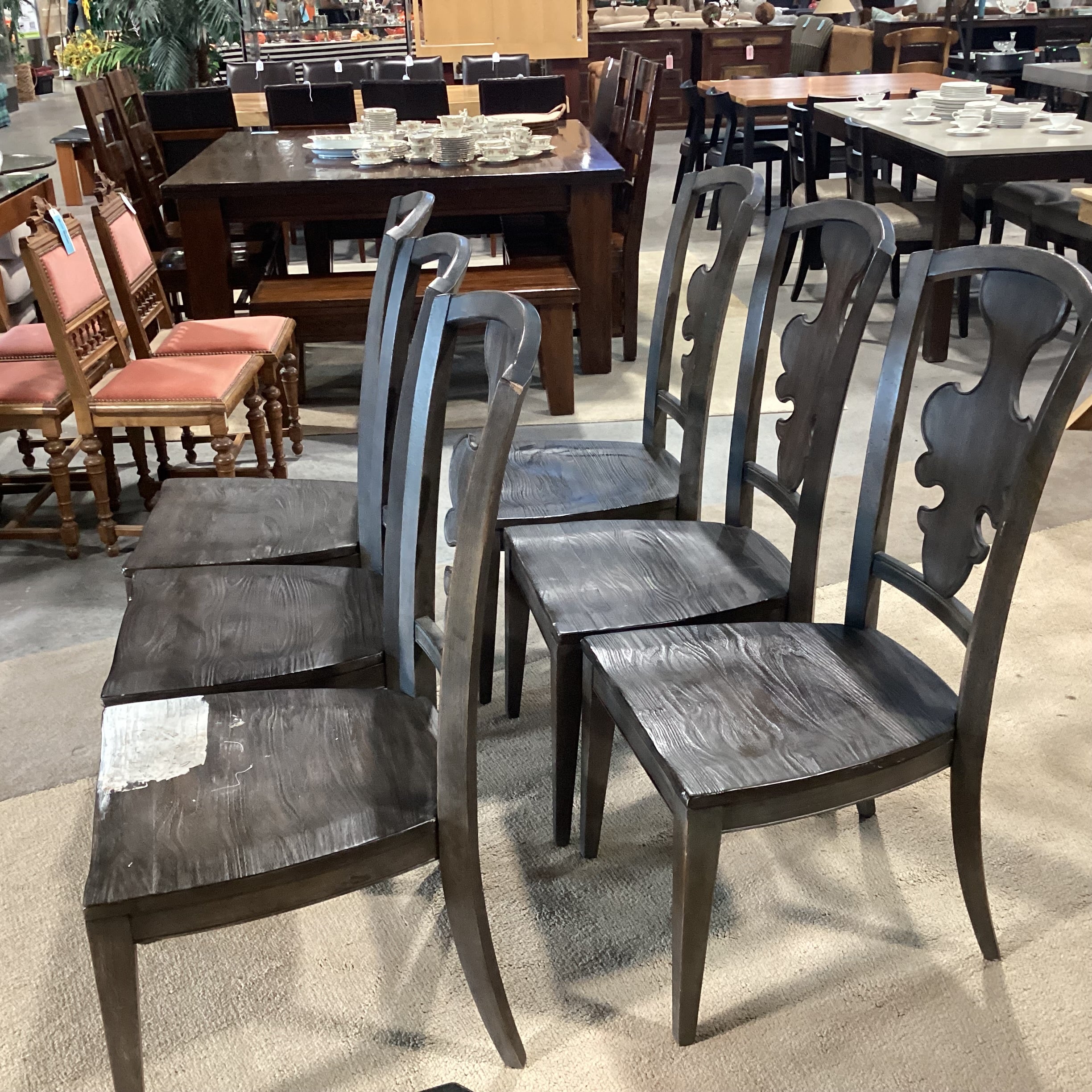 SET of 6 French Country Grey Washed Wood with Detail Back Dining Chairs 19"x 20"x 41.5"