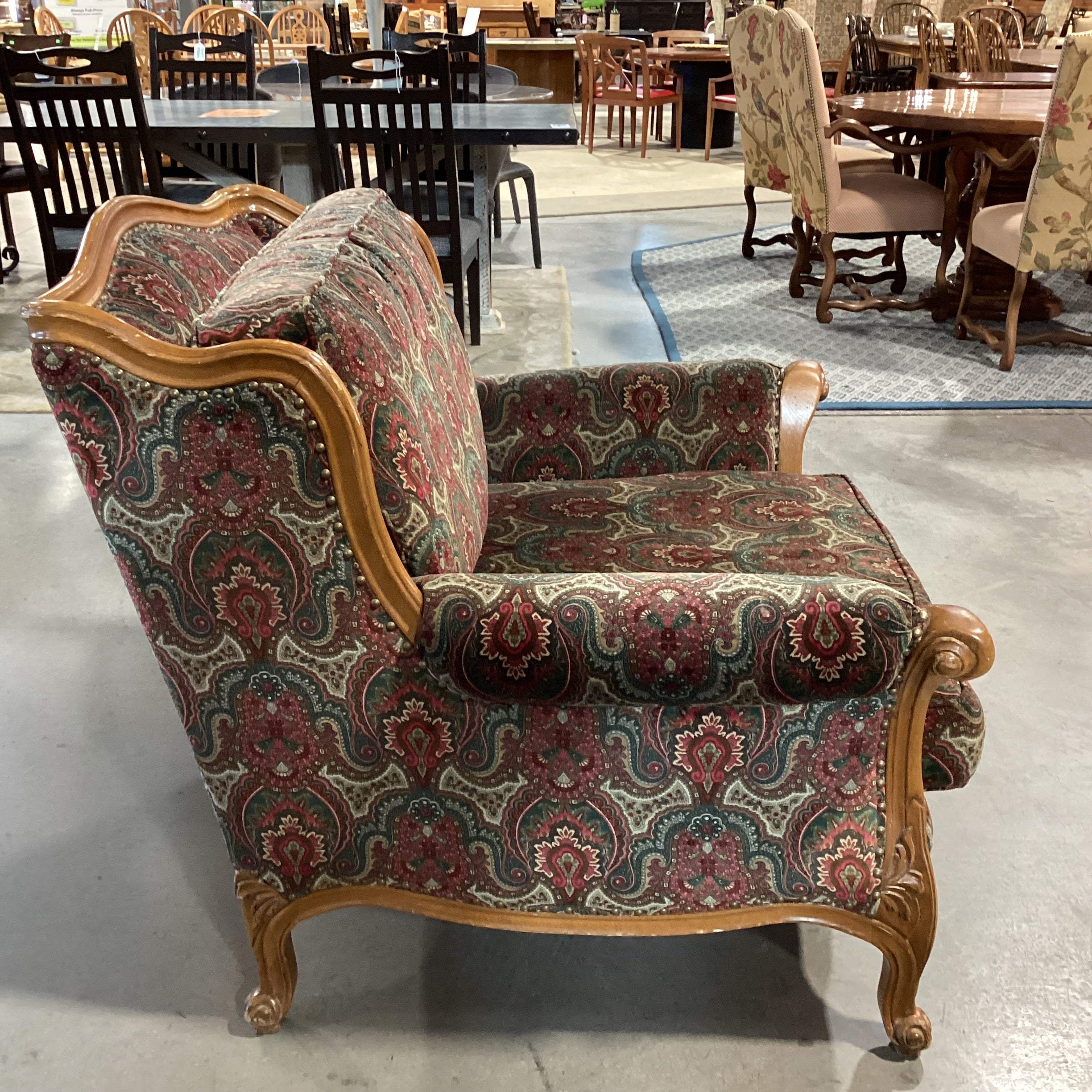 Vintage Ralph Lauren Red Green Paisley Velvet Nailhead & Carved Wood Oversized Chair 42"x 42"x 38"