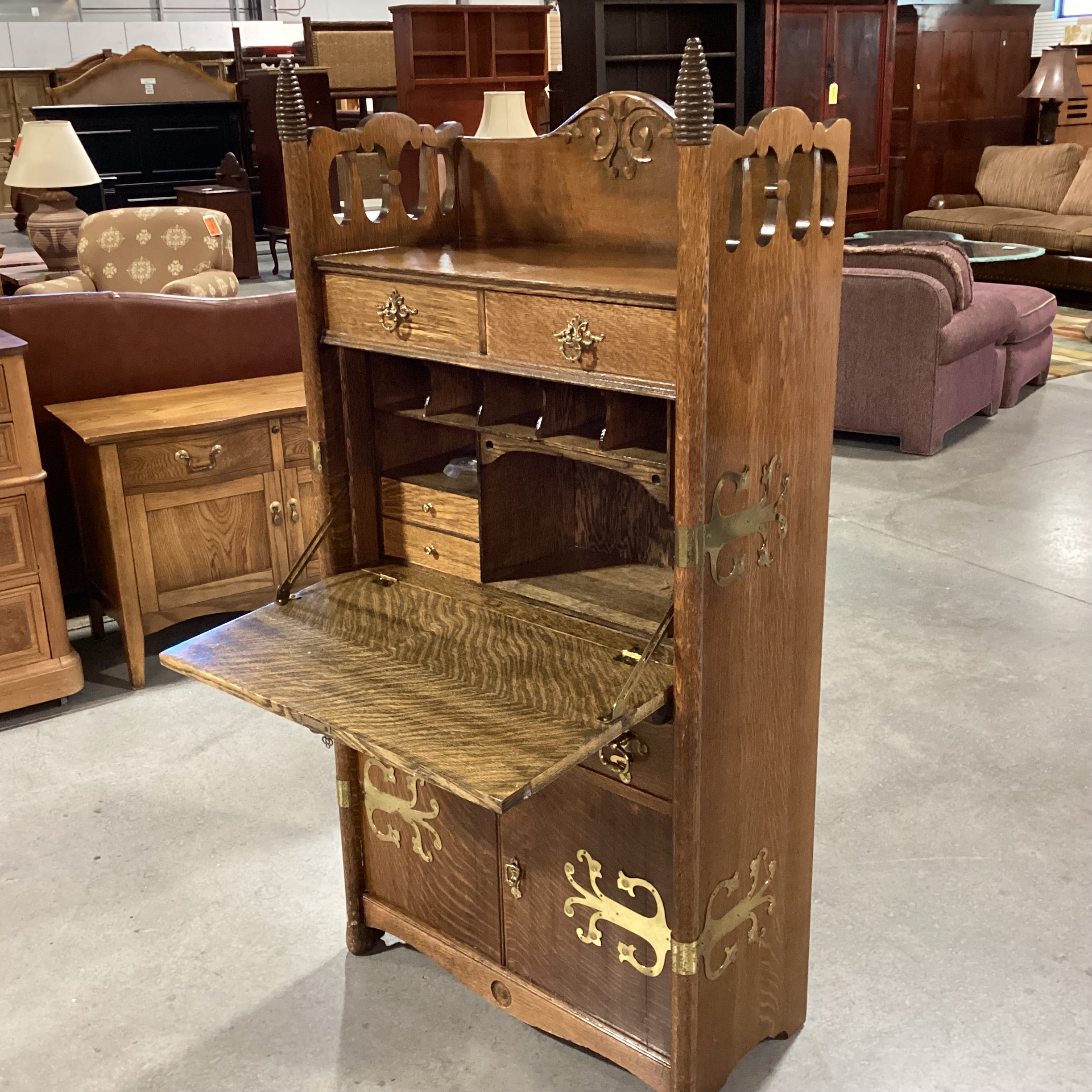 Antique Finished Quarter Sawn Oak with New Brass Embellishments Secretary Desk 29"x 14"x 58.5"