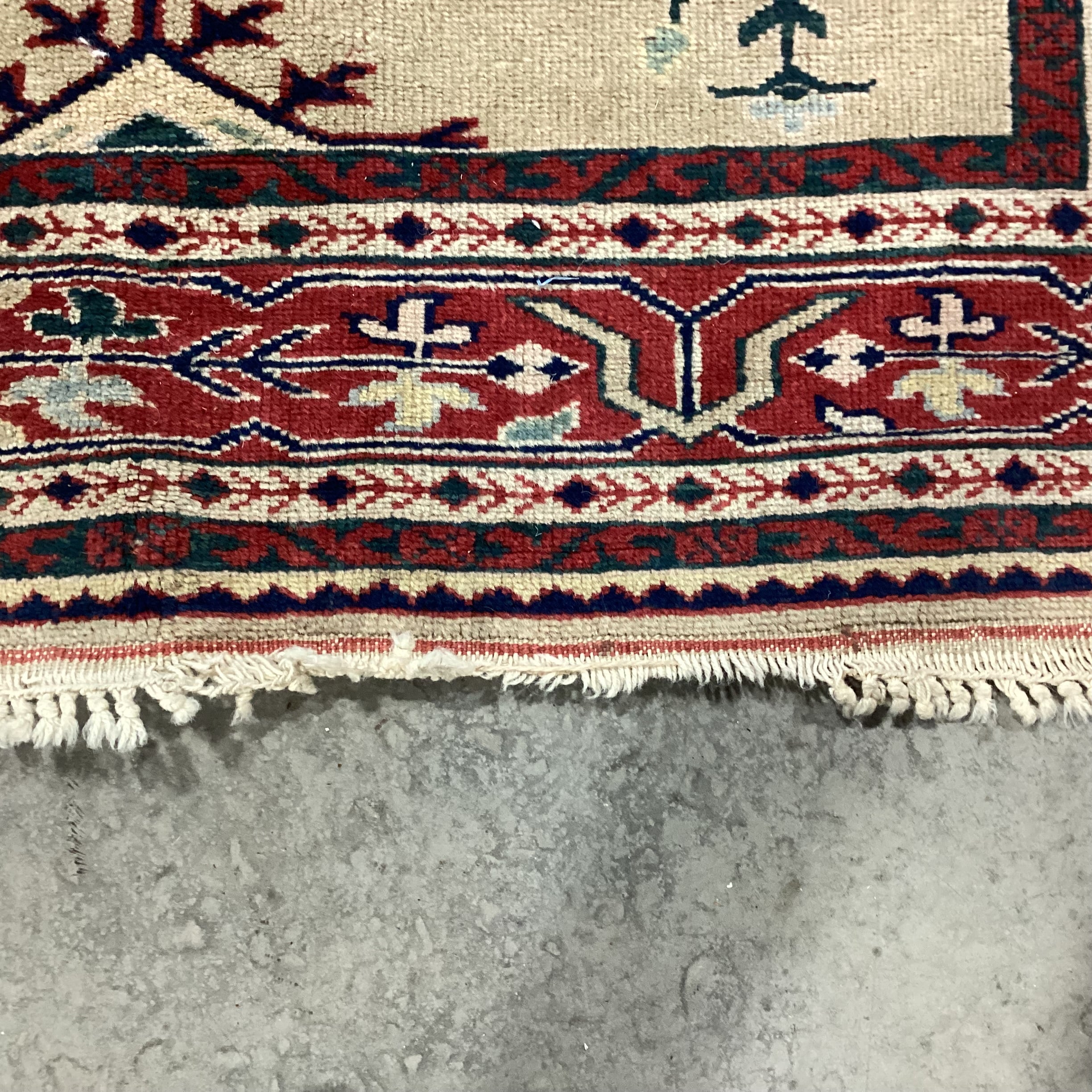 Vintage Beige Tan Red Navy Hand Woven Wool Rug 6'7" x 9'