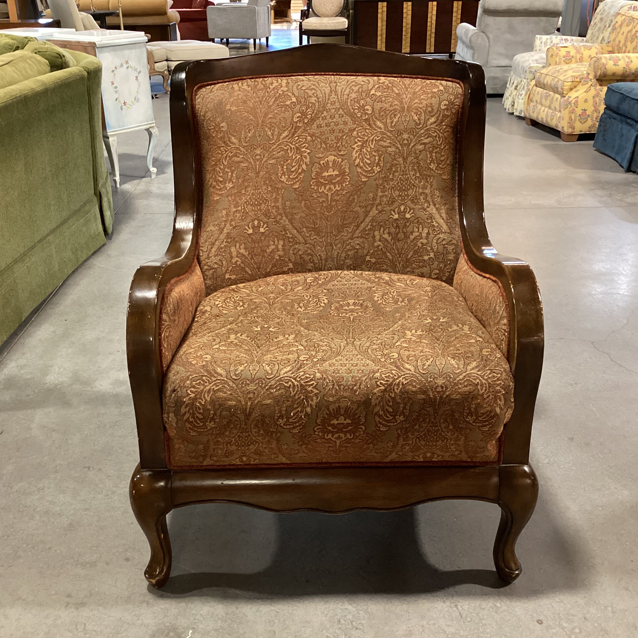 Vintage Carved Wood & Ornate Brown Burnt Orange Gold Upholstery with Raised Velvet Back Chair 29"x 31"x 38.5"