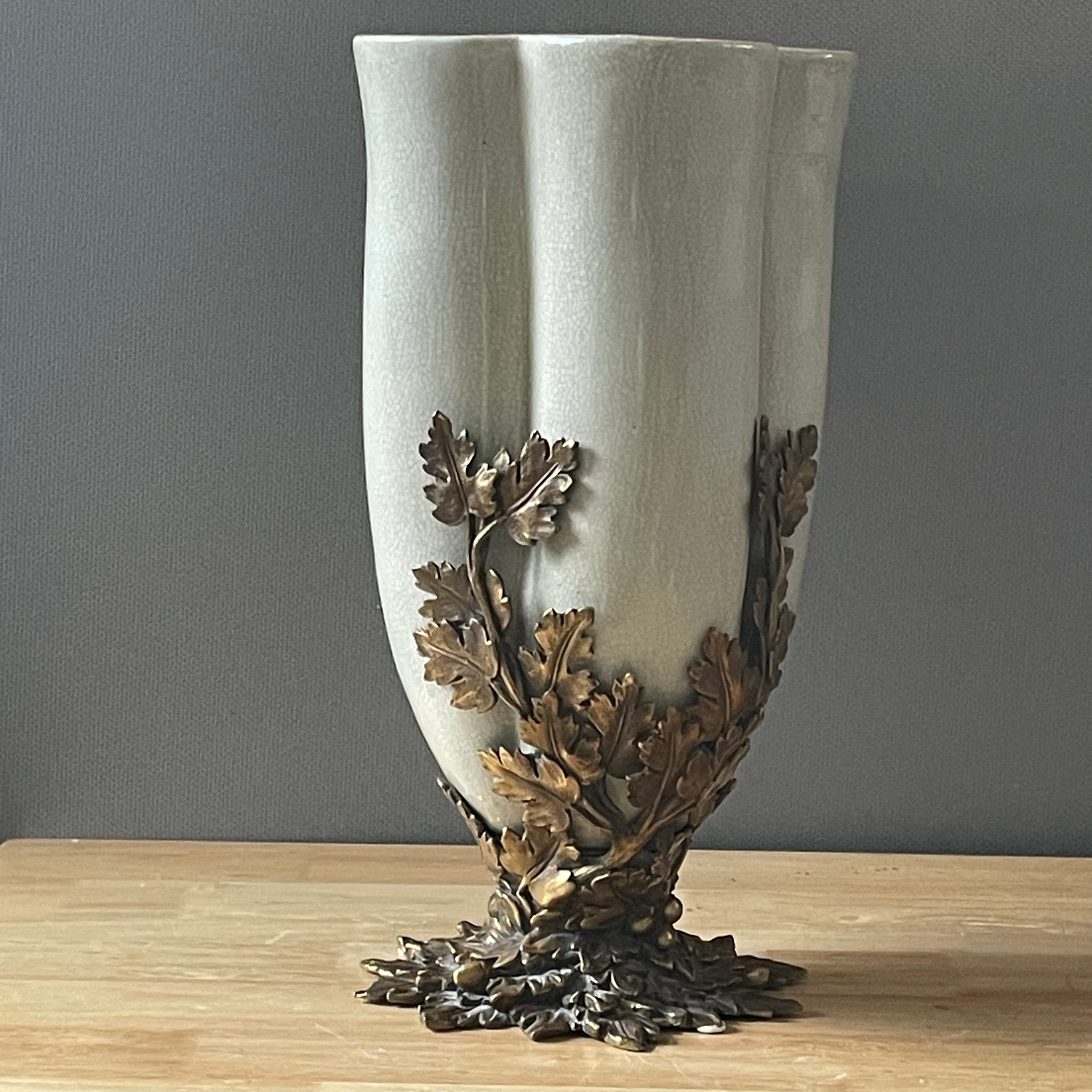 Porcelain Crackle Glazed, Brass Acanthus Leaves Design Base Vase/Plinth, 8.5"x 15.5"