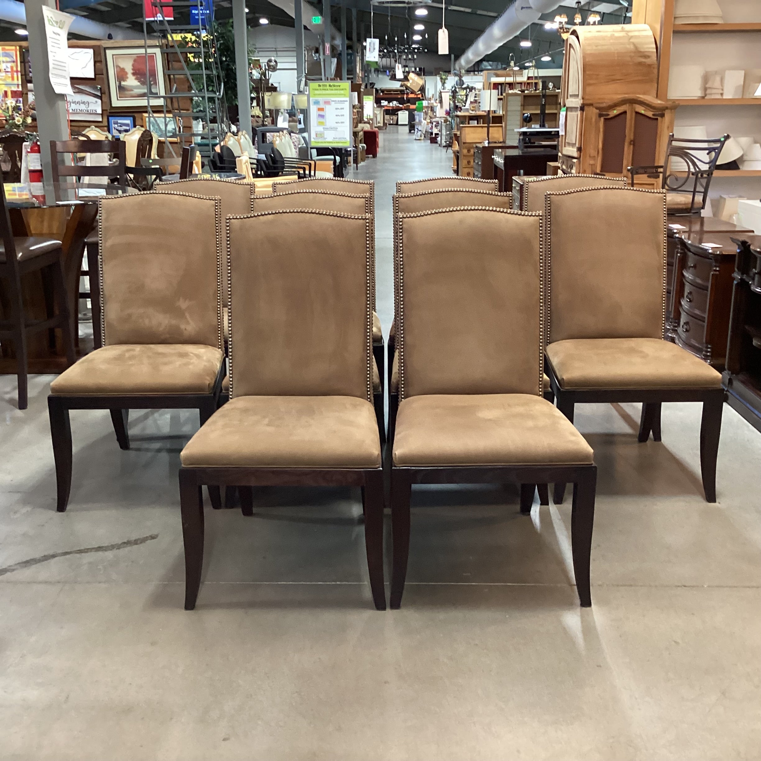 SET of 10 Hickory Chair Co Chelsea Brown Suede Nailhead & Dark Finish Wood Dining Chairs 22"x 25"x 42"