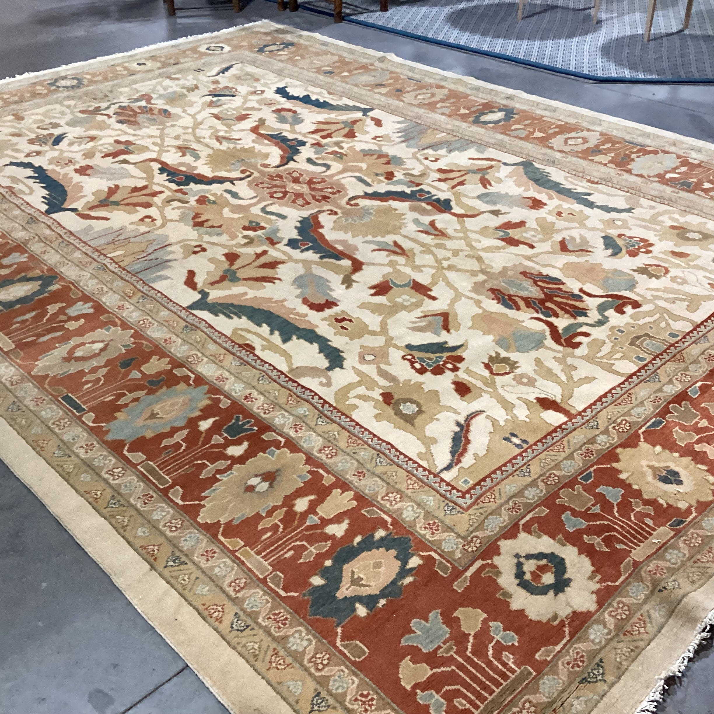 Gold Burnt Orange & Teal Hand Woven Wool Rug 11'x 15'2"