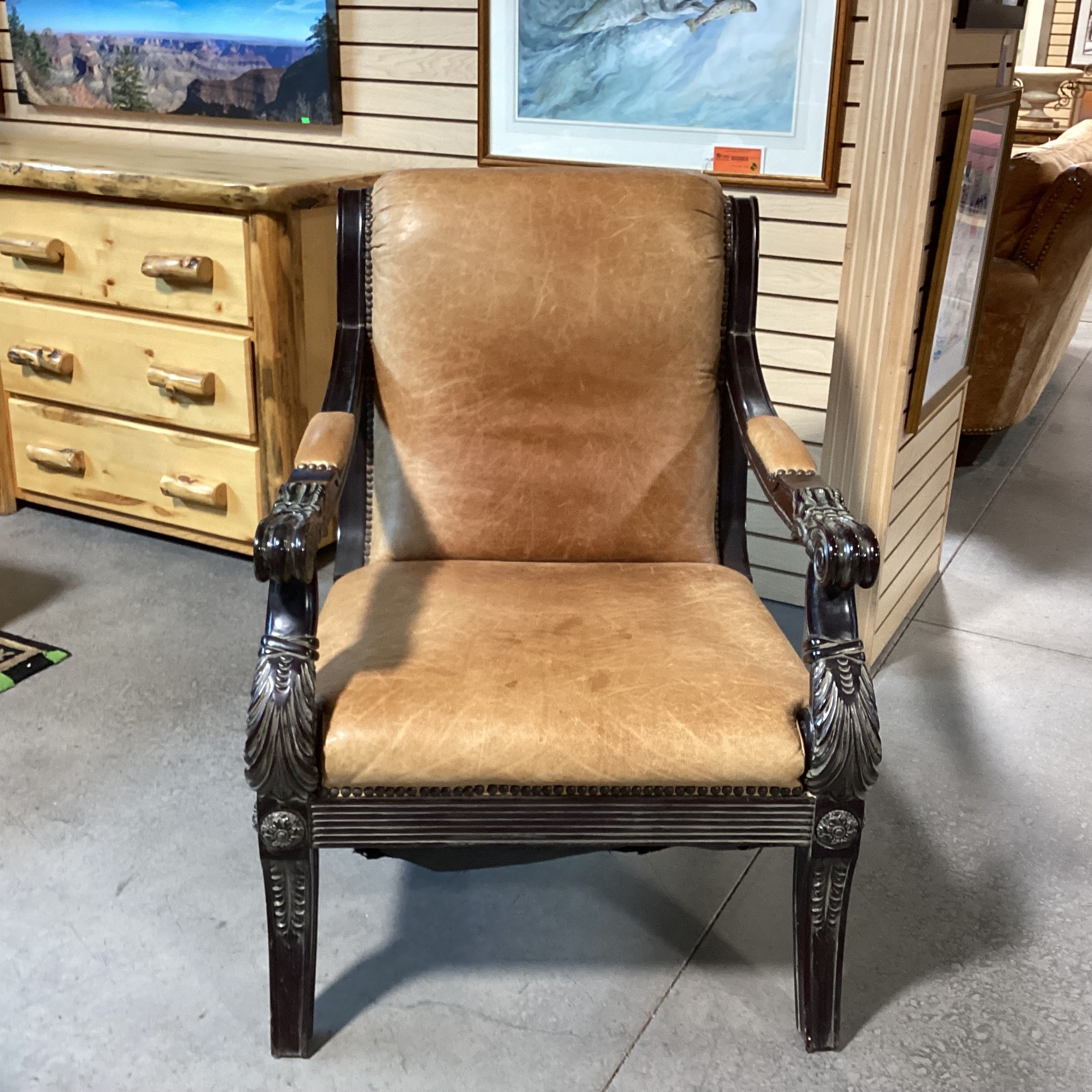 Ornate Dark Finish Carved Wood & Leather Chair 29"x 34"x 39"