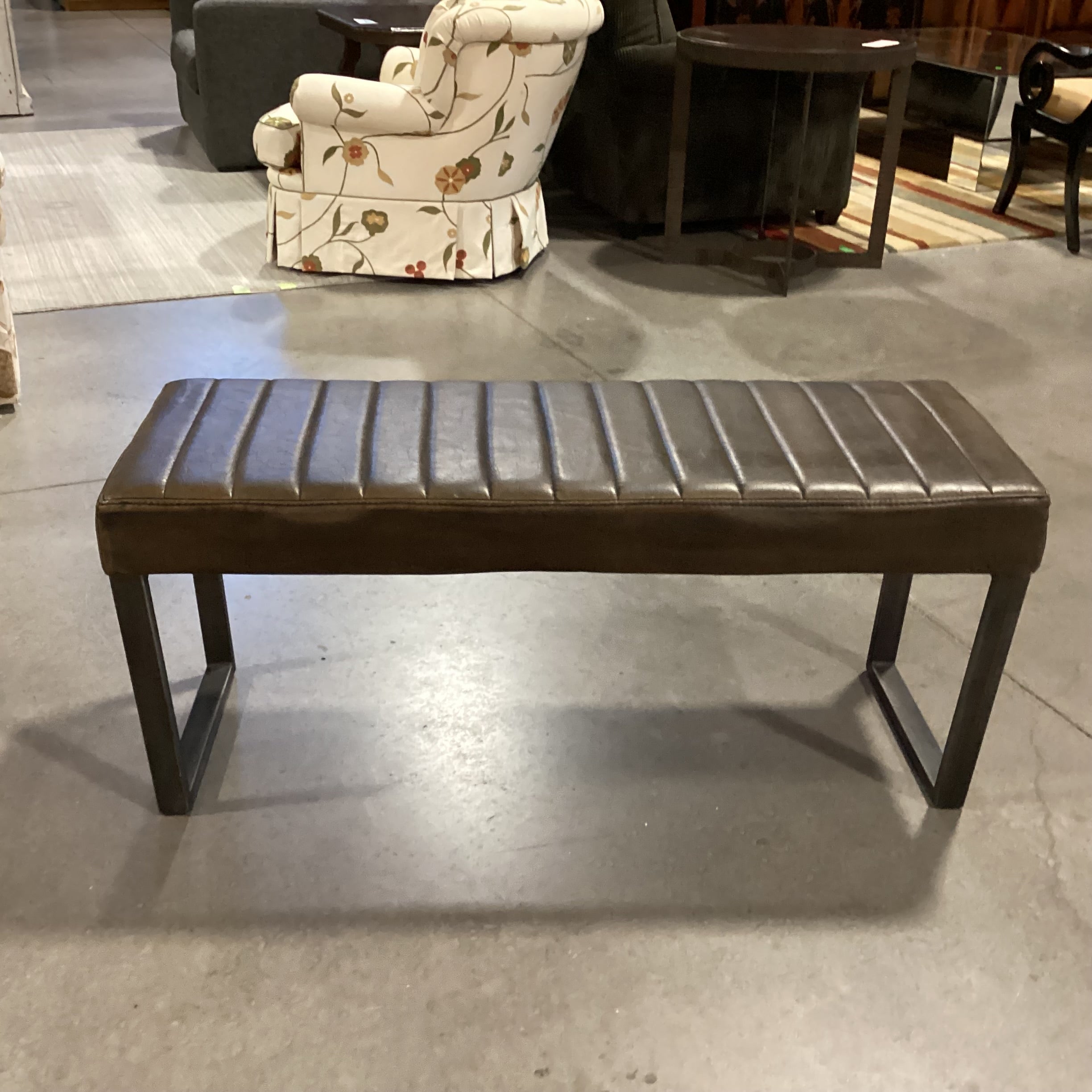 Jasper Distressed Bronze Faux Leather Channel Tufted & Metal Bench 45"x 16"x 20"