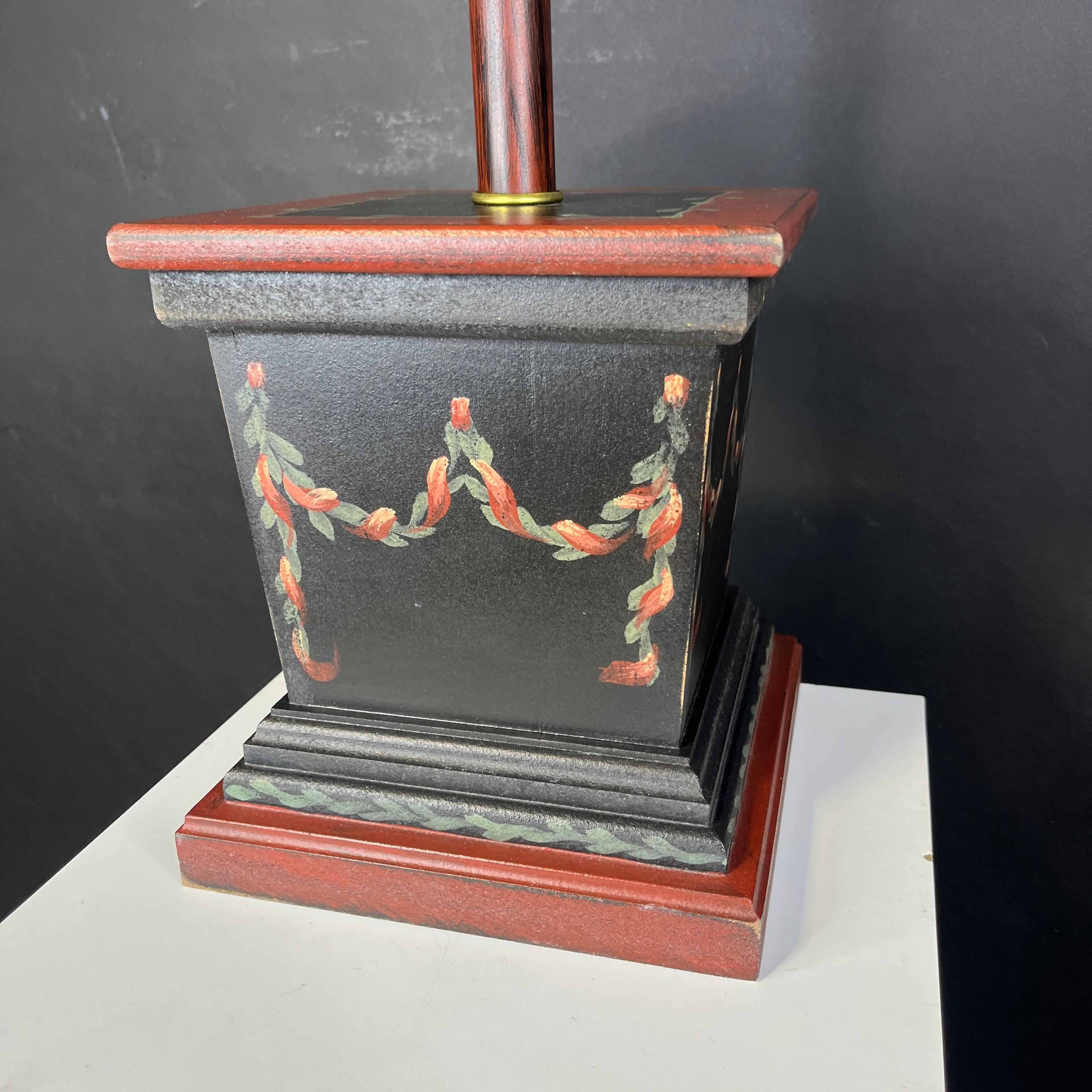 Hand Painted Wooden Green and Red Leafy with Shade Table Lamp 18” Diameter @ Shade x 29”