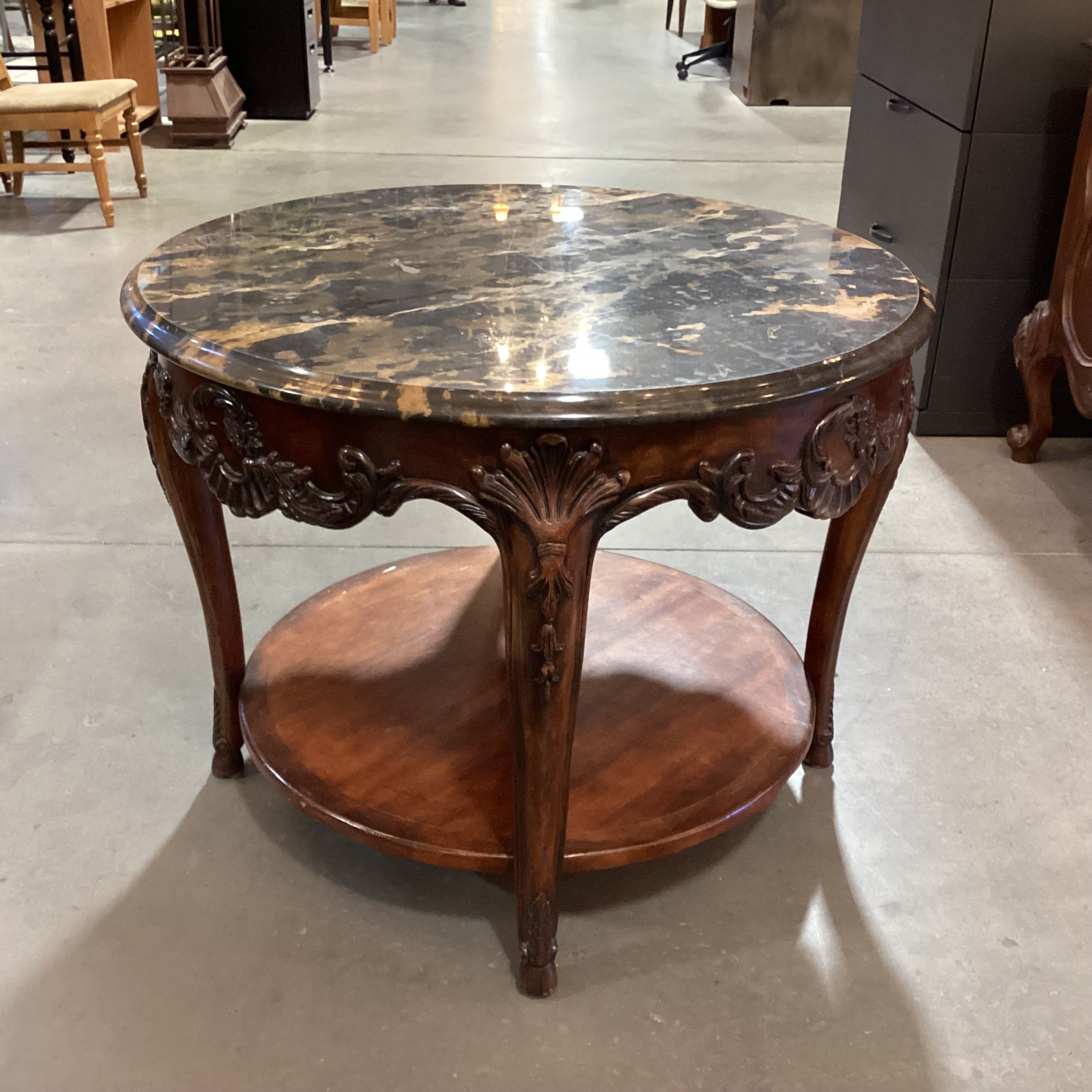 Italian Carved Wood & Black Brown Marble Round Accent Table 36" Diameter x 28.5"