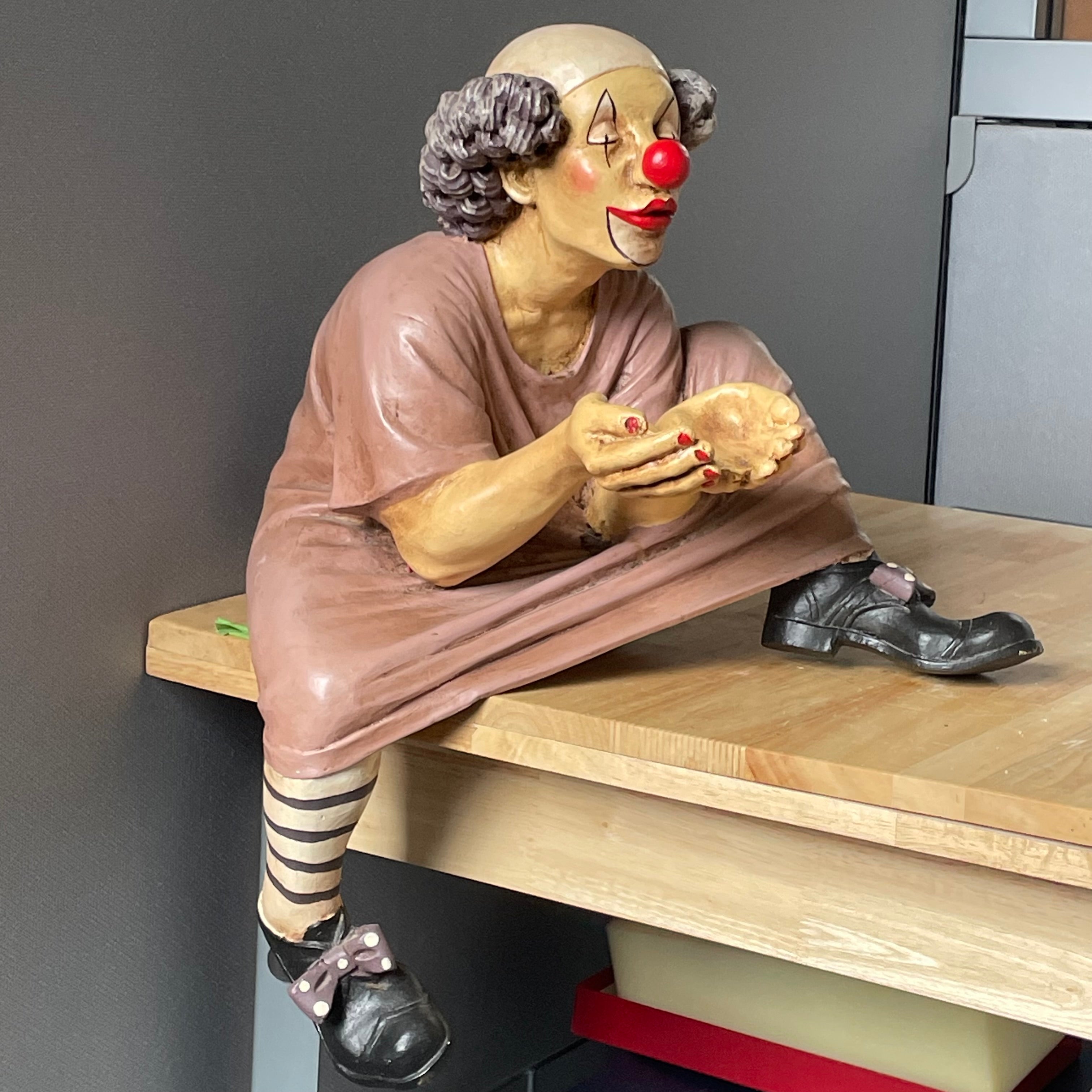 Vintage Jum Asilo Polyresin Begging Clown Shelf Sitter Sculpture Signed by Asilo