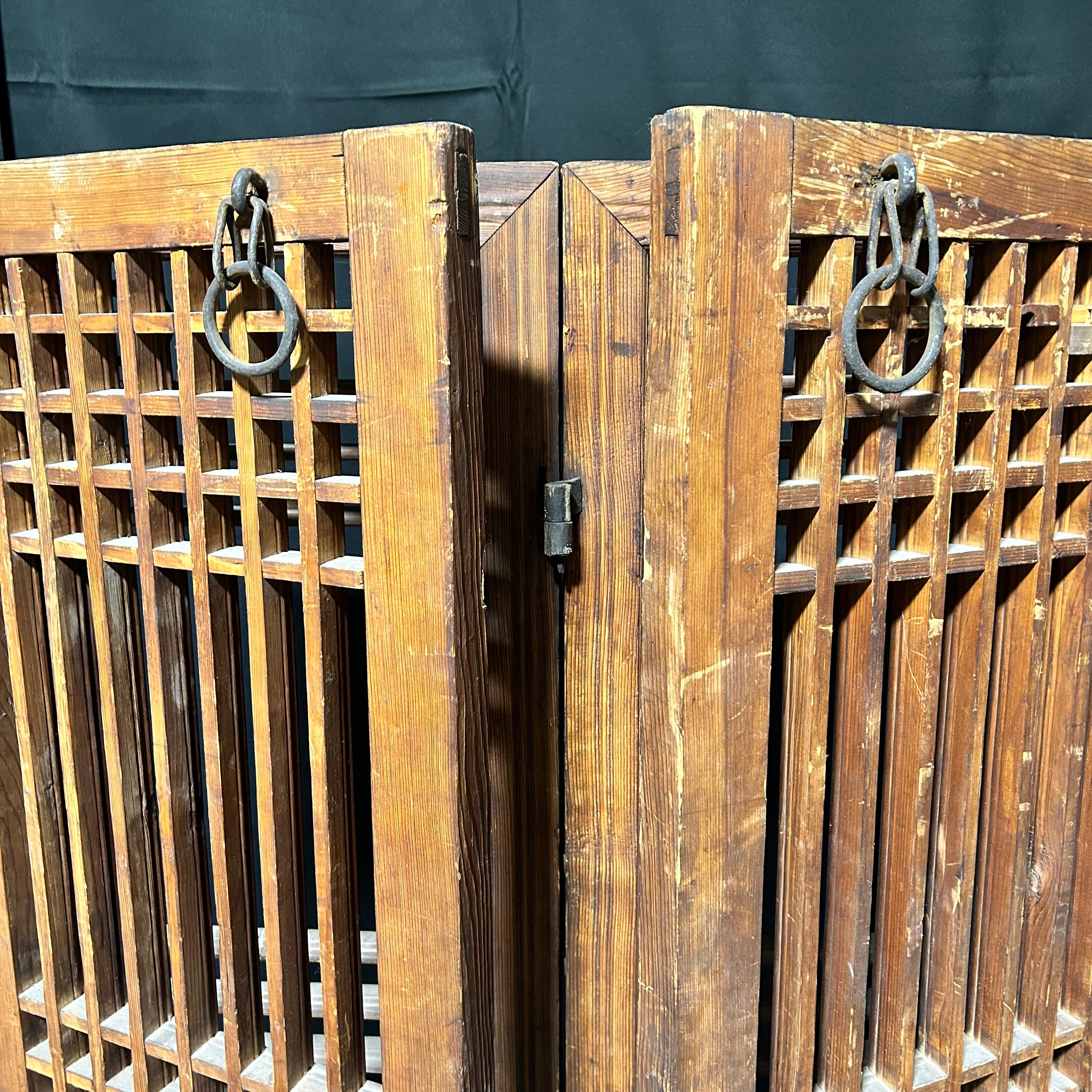 Oriental Antique Four-Panel Wooden Screen With Iron Hardware 62"x 64"