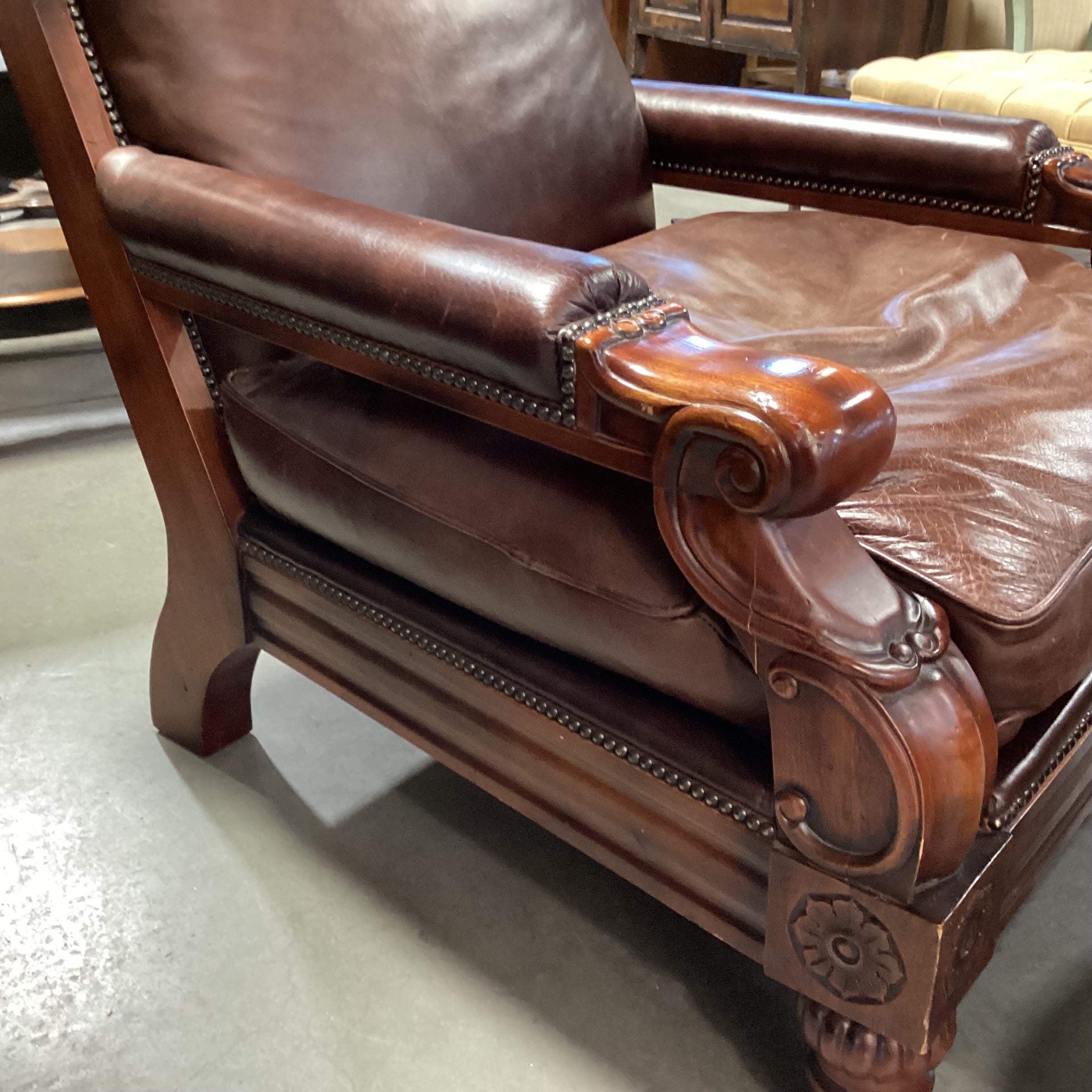 Carved Wood Leather Nailhead Down Mix with Ottoman Chair 36"x 44"x 40"
