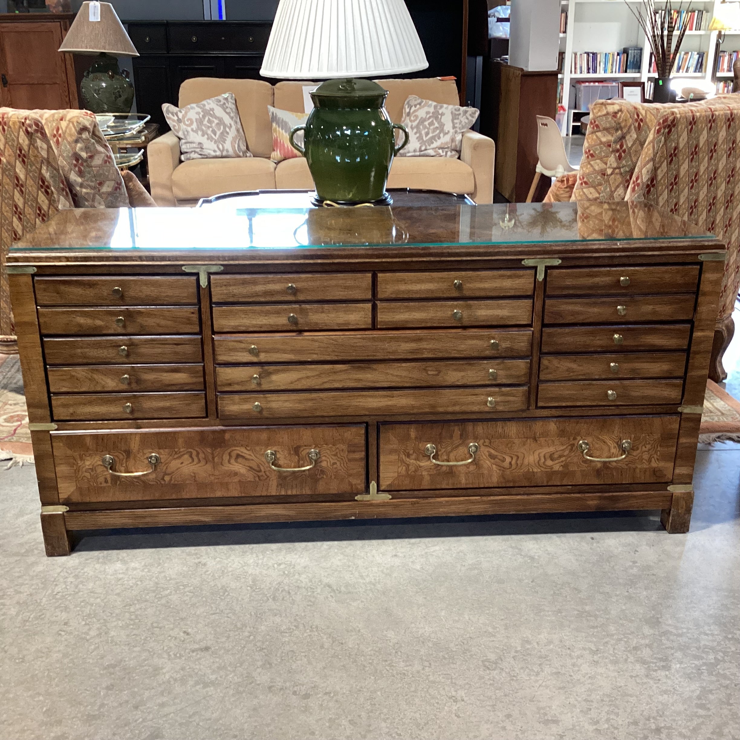 Vintage Lane Campaign Style Wood & Burl Veneer 8 Drawer with Brass Accent & Glass Top Dresser 64"x 19"x 30"